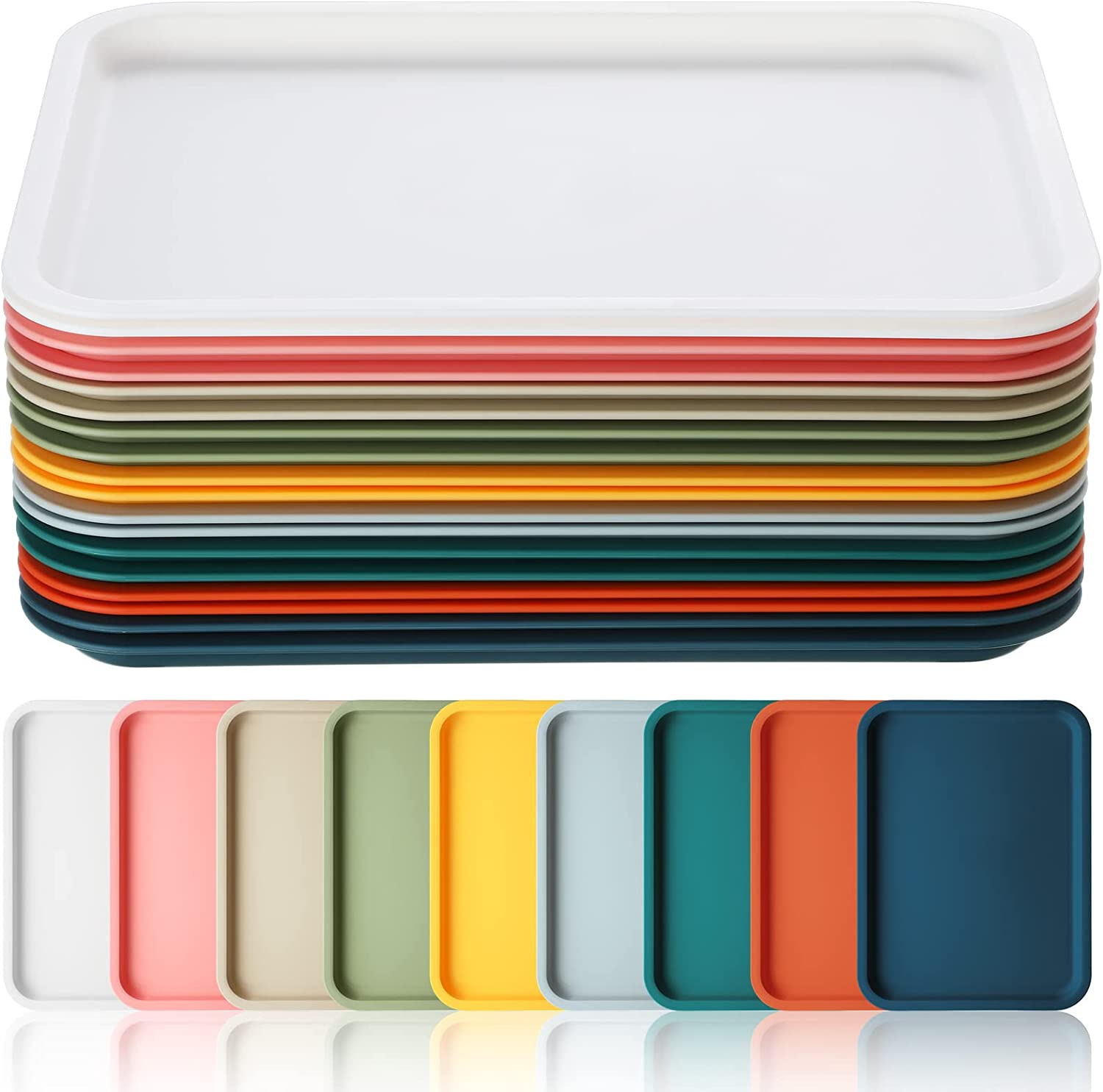 18 Pcs Plastic Fast Trays Bulk Restaurant Serving Cafeteria Tray Grill School Lunch Tray Rectangular Serving Platter for Kitchen Hotel Restaurant (9 Colors,12 X 9 Inch)