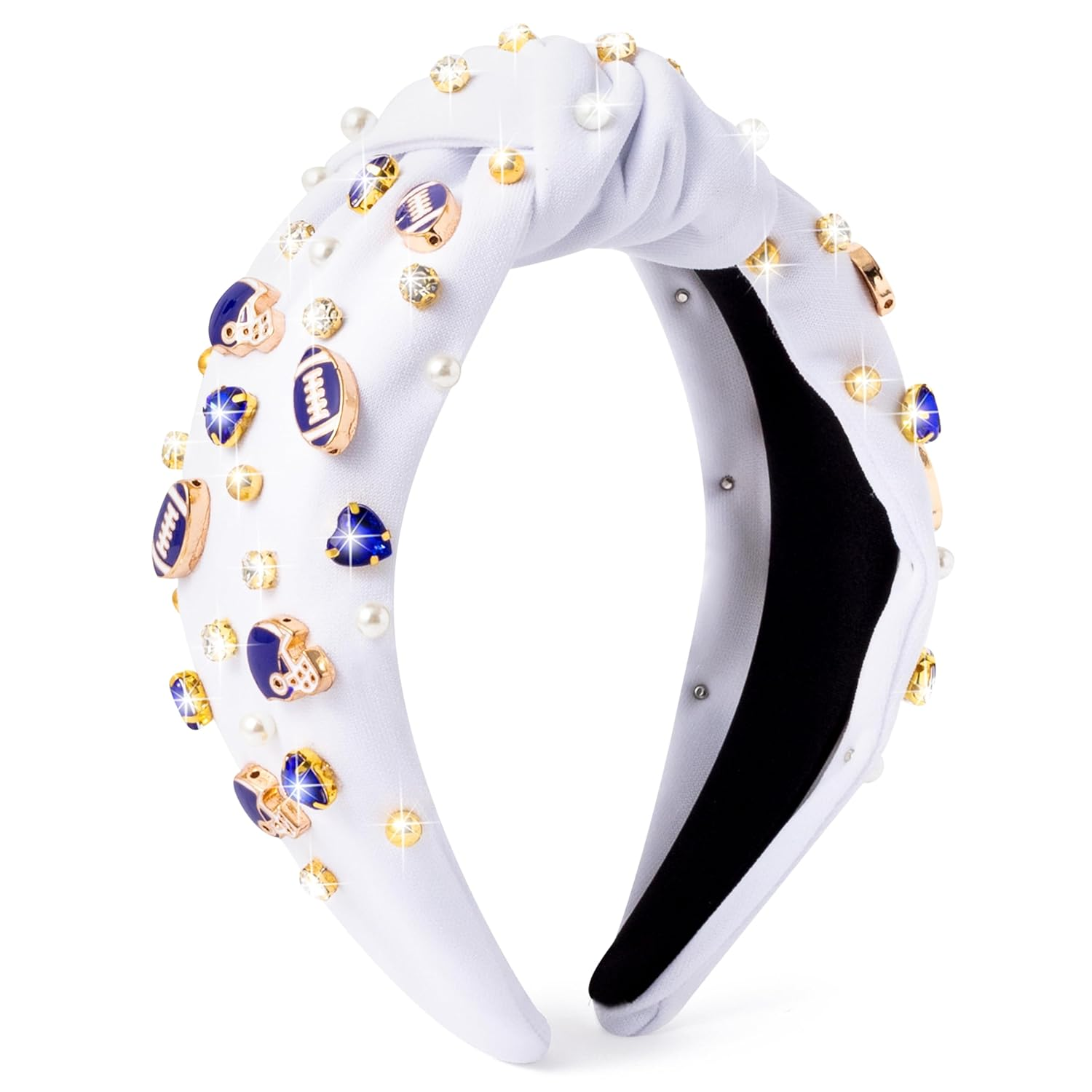 Football Jeweled Knotted Headband - Blue Football Rhinestone Crystal Embellished Headband Wide Top Knot Fashion Hairband Mom Accessories Sport Game Day Birthday Gift for Fan Women Girl (White)