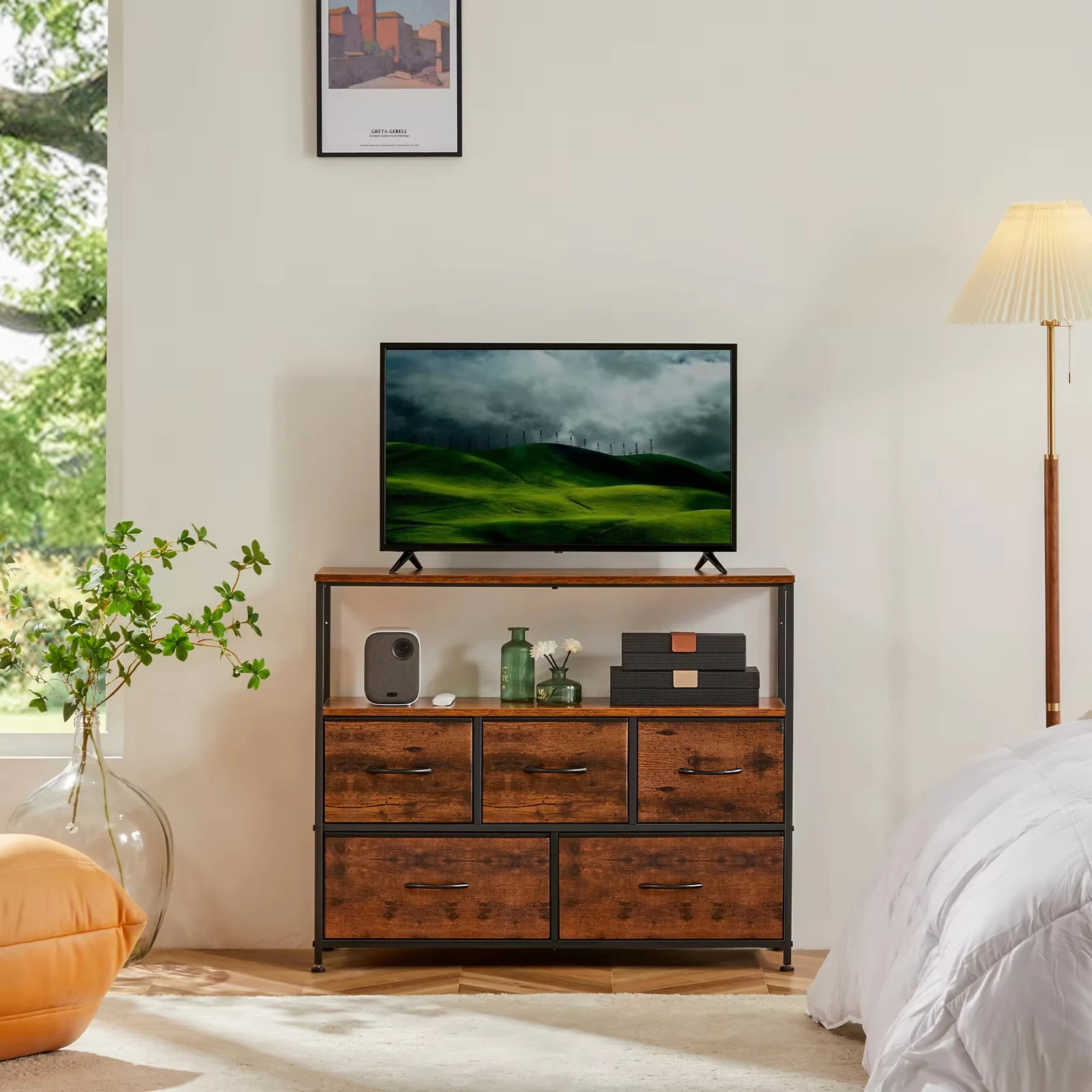 Bureau and Small TV Stand with 5 Fabric Drawers - Stylish Storage Solution