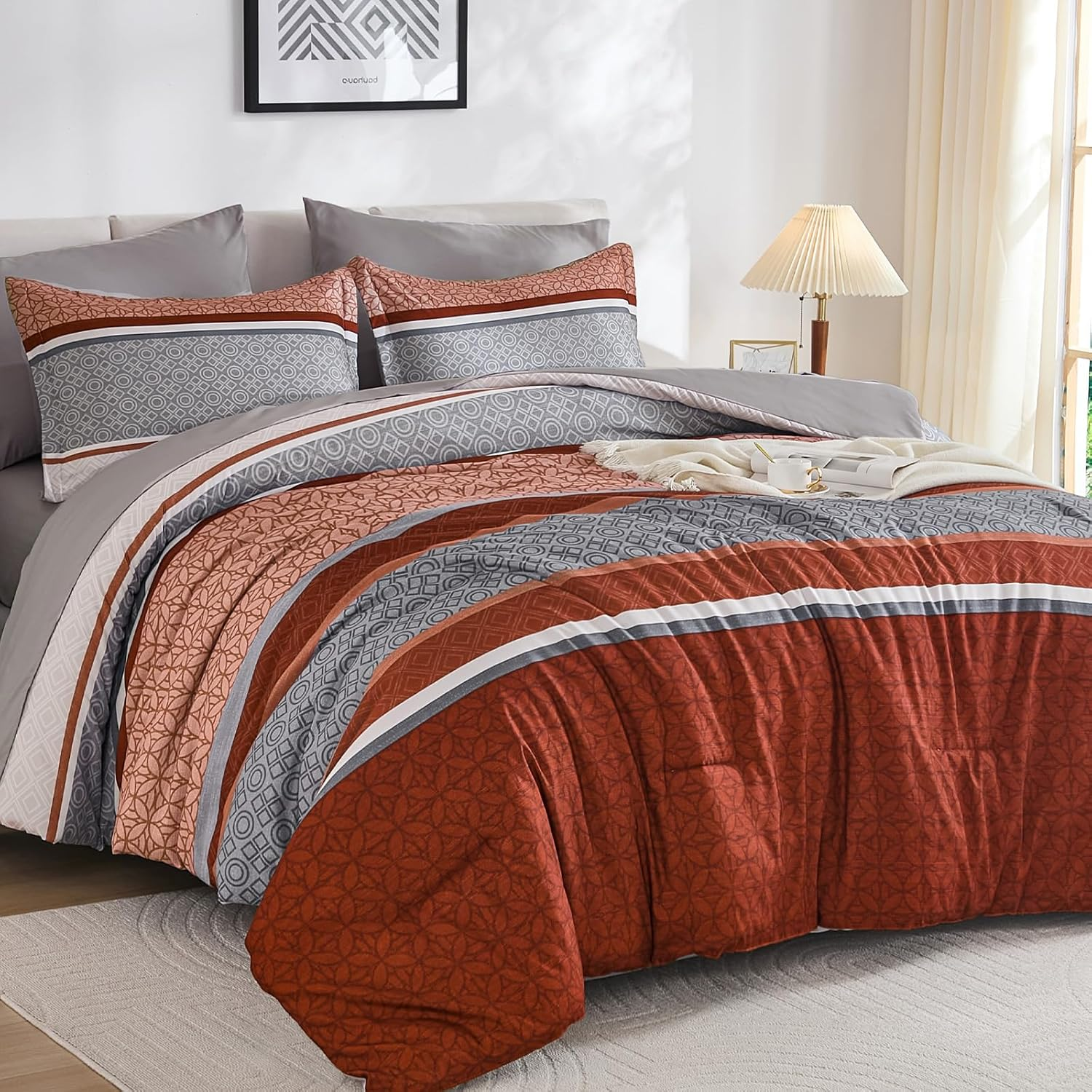 7 Pieces Comforter Set Queen Size, Burnt Orange Striped Bed in a Bag Comforter and Sheet Set, Boho Soft Lightweight Micorfiber Bedding Set for All Season (90