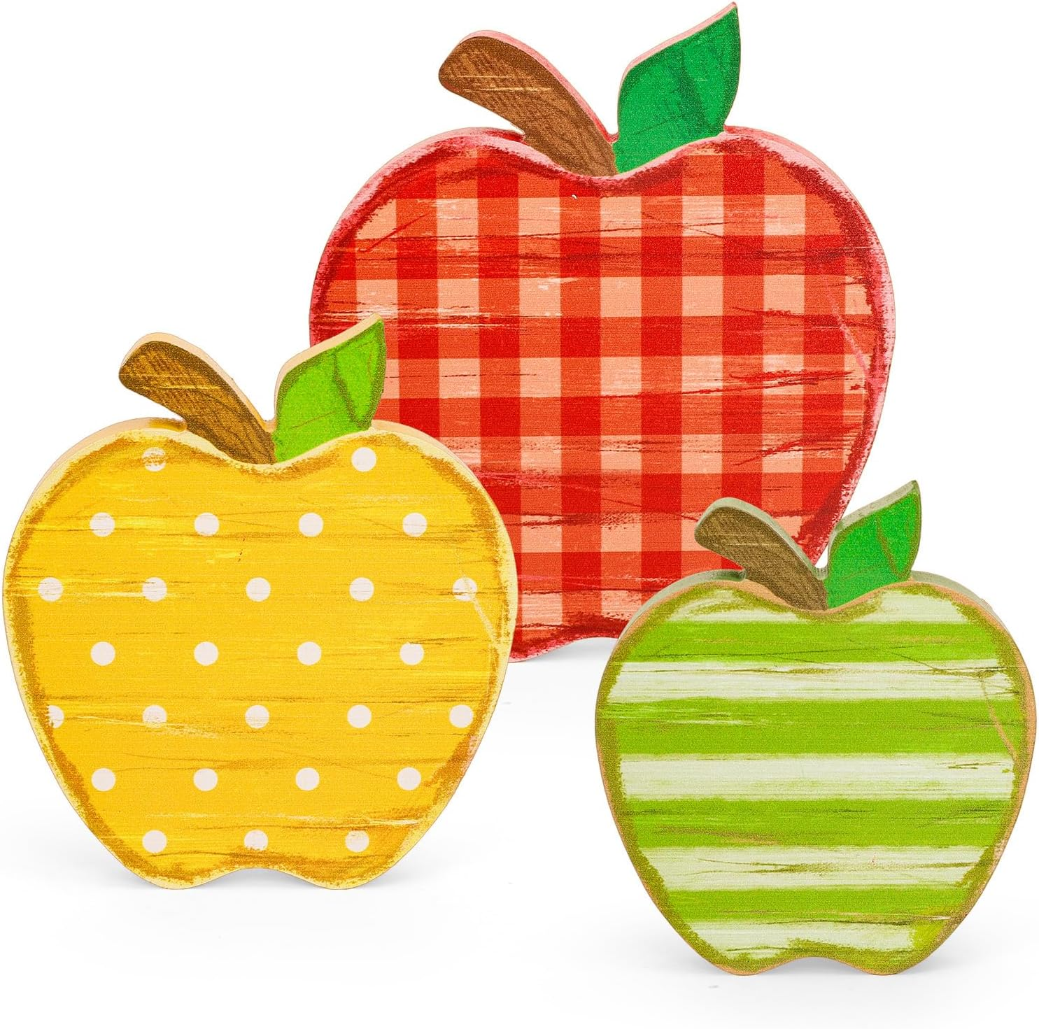 Back to School Apples Wooden Signs Retro Patterned Apples Table Centerpieces Vintage Desktop Decorations for First Day of School Farmhouse Table Tiered Tray Decor, 3 Pcs