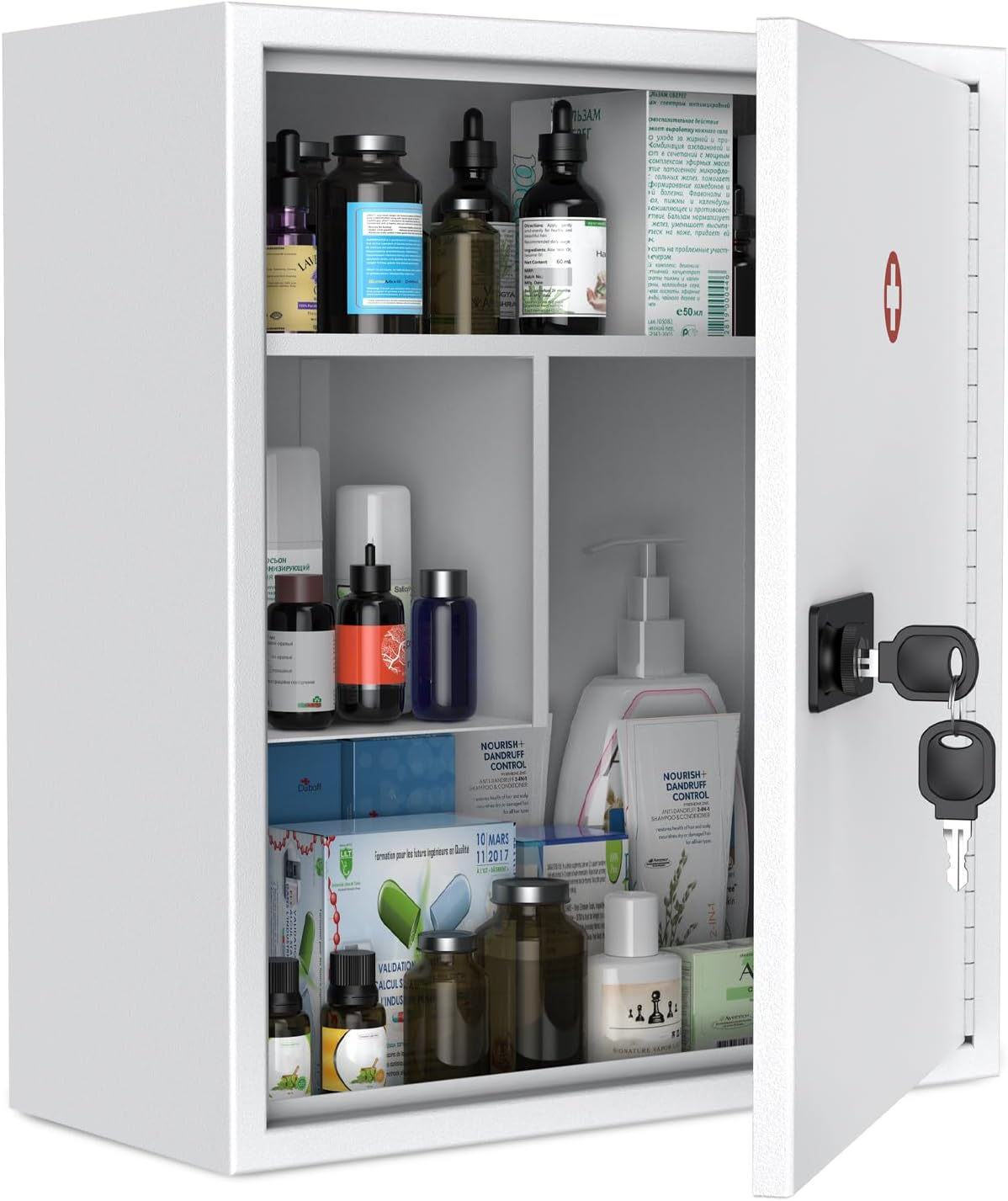 Wall Mount Medicine Cabinet with Combination & Key Lock Locking First Aid Cabinet Lockable Medical Cabinet Large Capacity Medicine Organizer Secure Steel Wall Cabinet Metal Storage Box, White