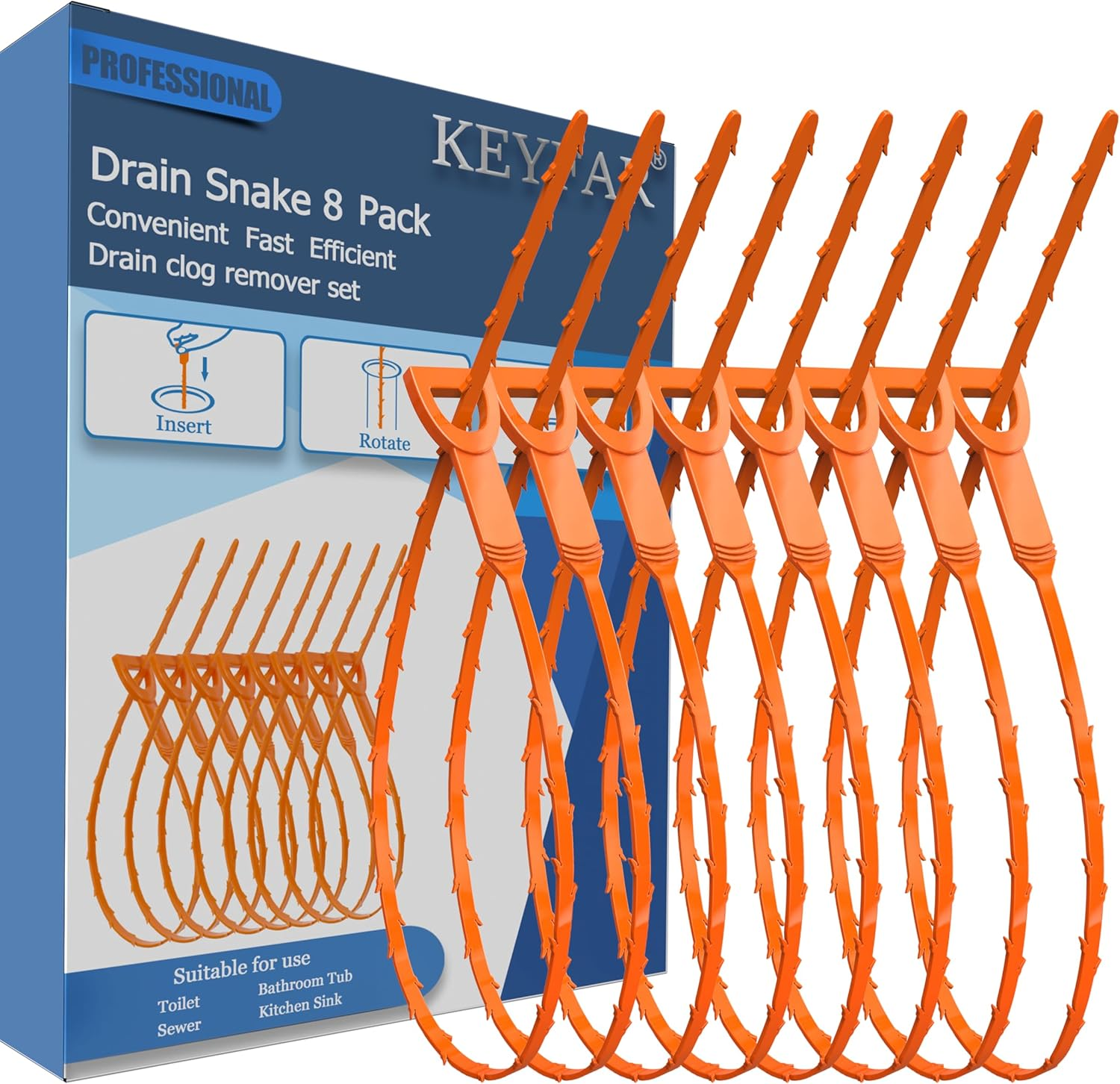 8 Pack 25Inch Drain Snake Clog Remover, Drain Hair Remover, Sink Snake Drain Auger Cleaner Tool for Bath Tub, Toilet, Kitchen Sink, Sewer