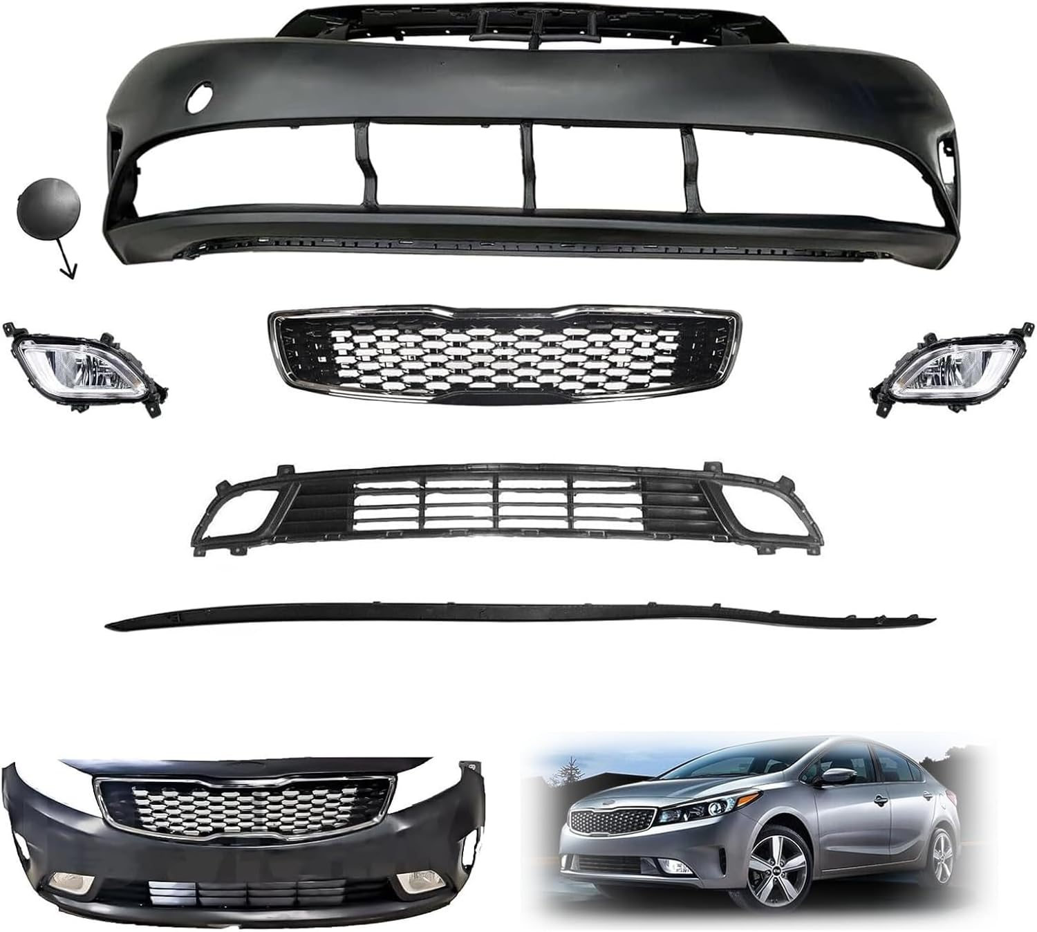 7 PCS Complete Front Upper Lower Bumper & Grille Set with Fog Lights Compatible with 2017 2018 Kia Forte Korea Built