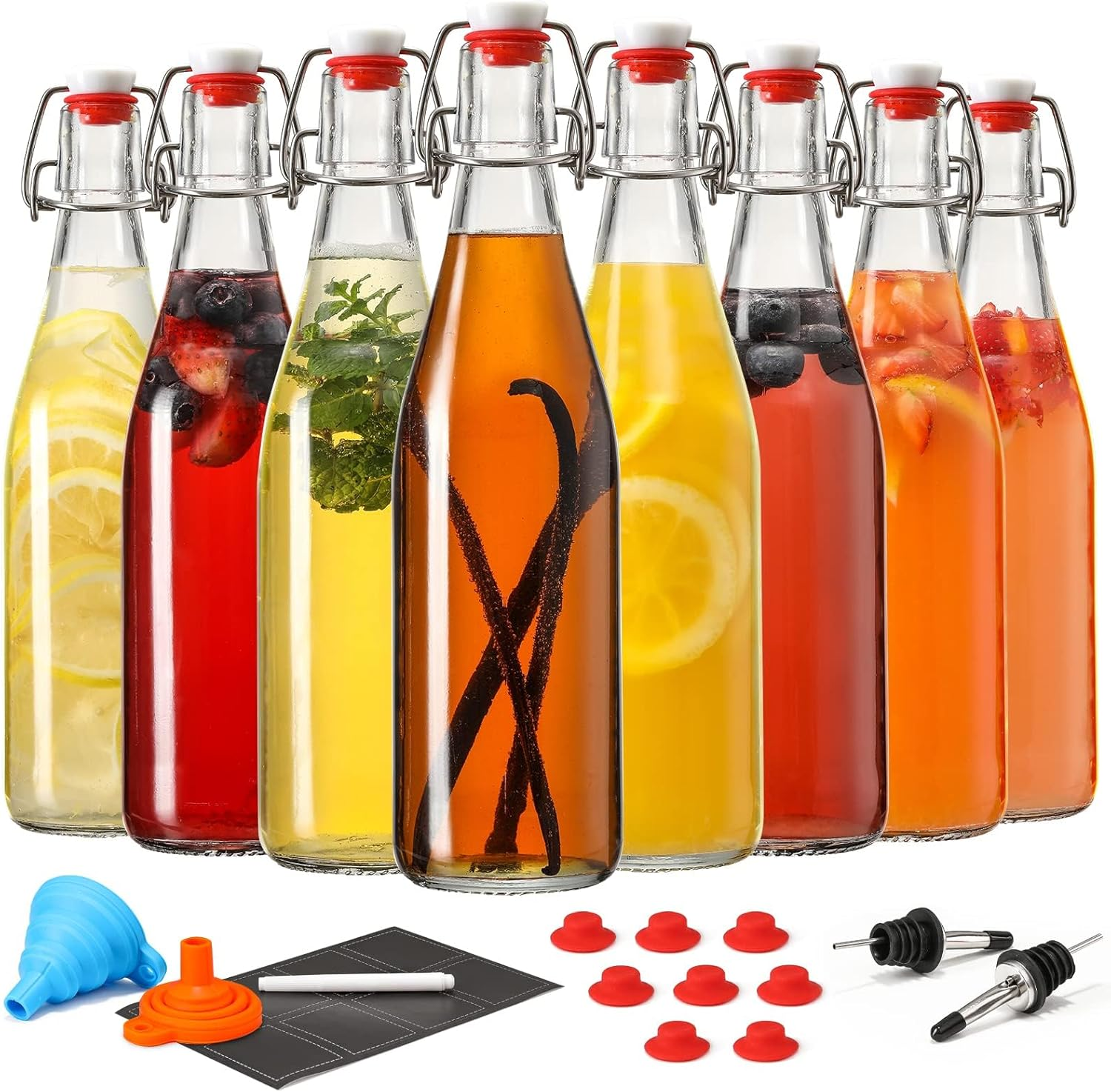 8 Set 16 OZ Swing Top Glass Bottles - Flip Top Beer Brewing Bottles with Stoppe