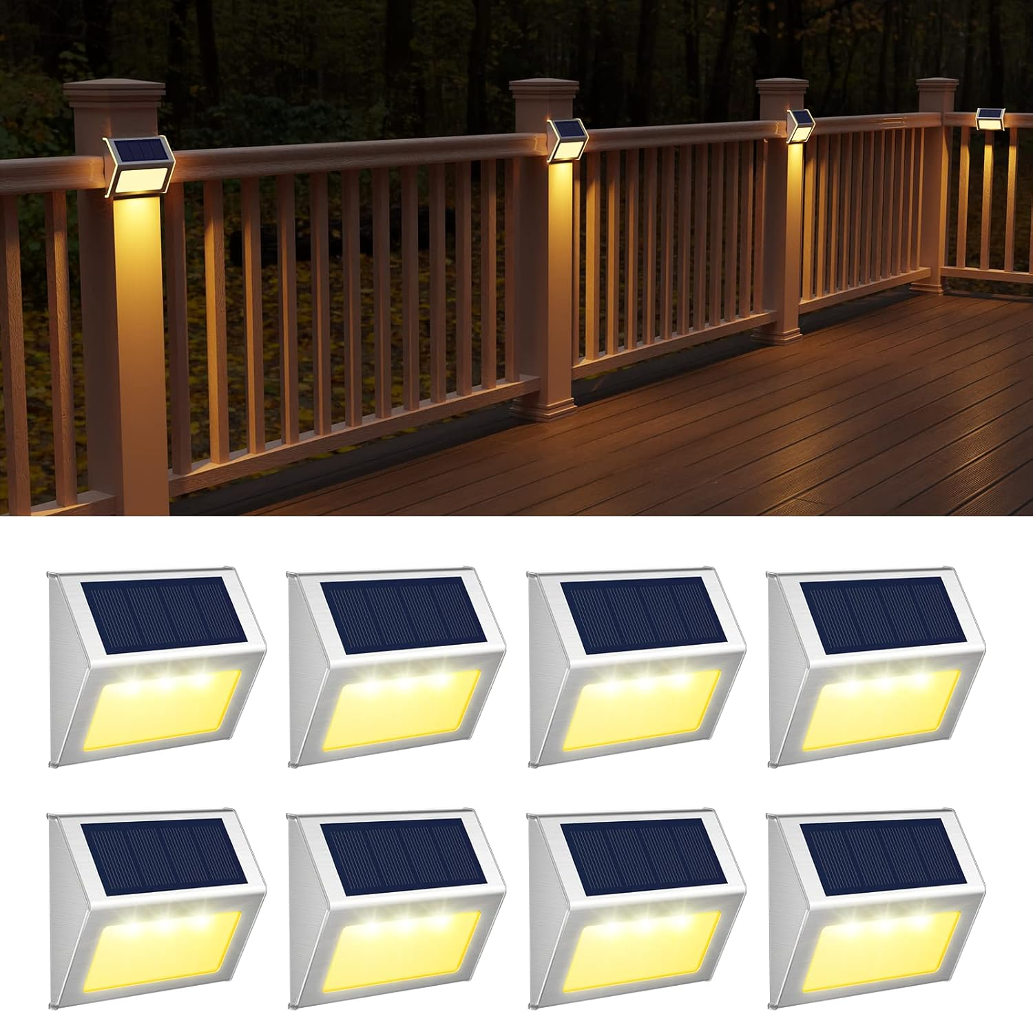 Solar Lights Outdoor for Deck,Waterproof Solar Powered Steps Light Outdoor Wireless LED Lamp Fence Lighting Walkway Patio Stair Garden Path Rail Backyard Fences Post 8 Pack Warm White