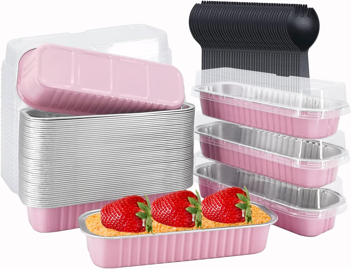 Mini Loaf Pans with Lids 50 Pack, 6.8Oz Rectangle Aluminum Foil Baking Pans Tins Containers,Disposable Ramekins Baking Cups Muffin Tins Cupcake Cups for Mini Cake Bread Loaf -Pink