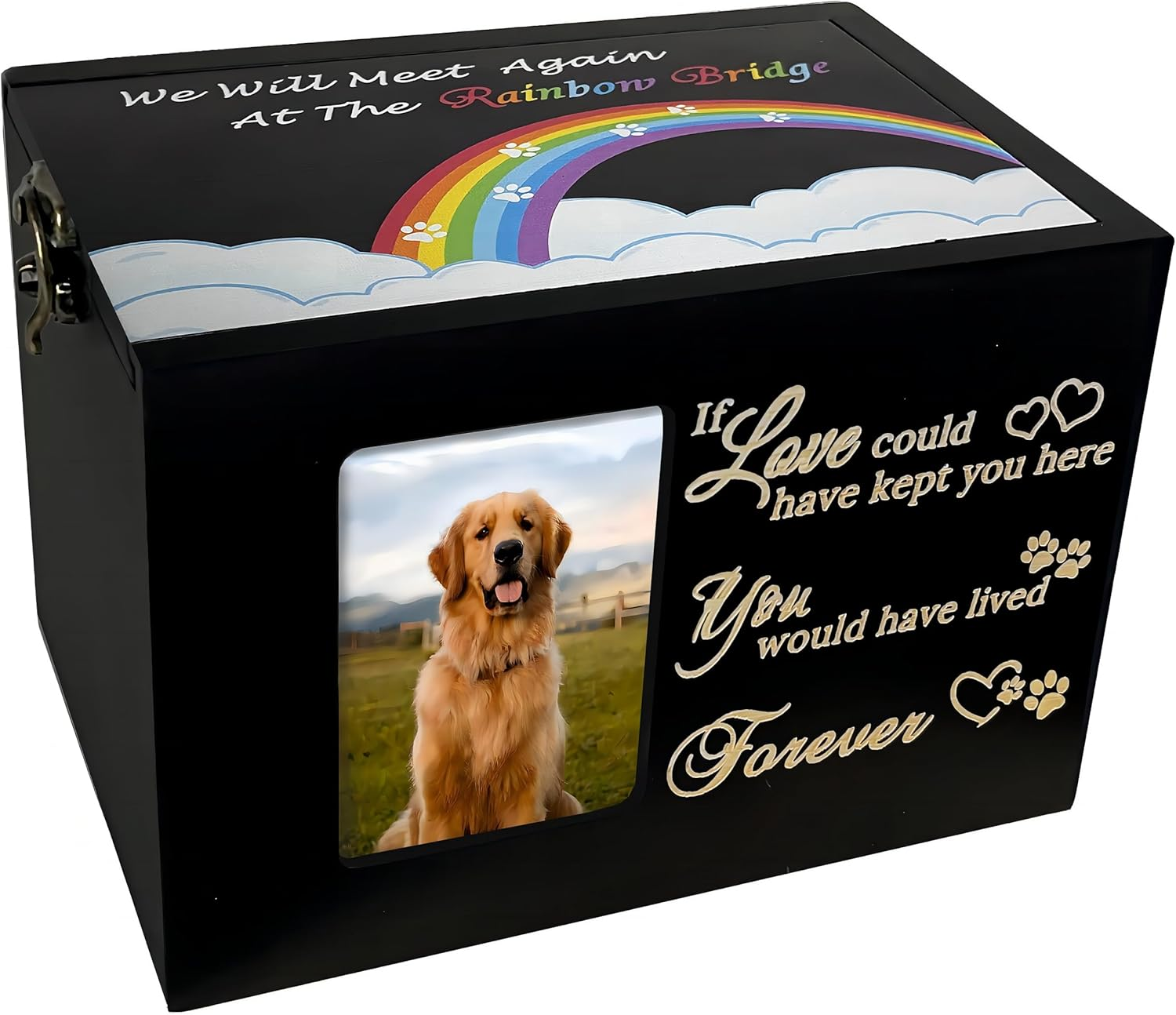 Sofunii Pet Urns for Dogs or Cats Ashes,Medium Wooden Funeral Cremation Memorial Box with Photo Frame,Rainbow Bridge Keepsake with Black Flannel as Lining,Loss Pet Memorial Remembrance Gift