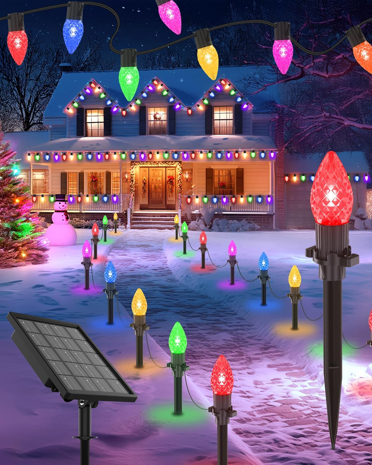 FREECUBE 50FT C9 LED Solar Christmas Pathway Lights Outdoor, 25 Multicolor Bulbs with 8 Modes & Timer, Waterproof Solar Christmas Stake Lights for Yard Lawn Sidewalk Driveway Outdoor Decorations