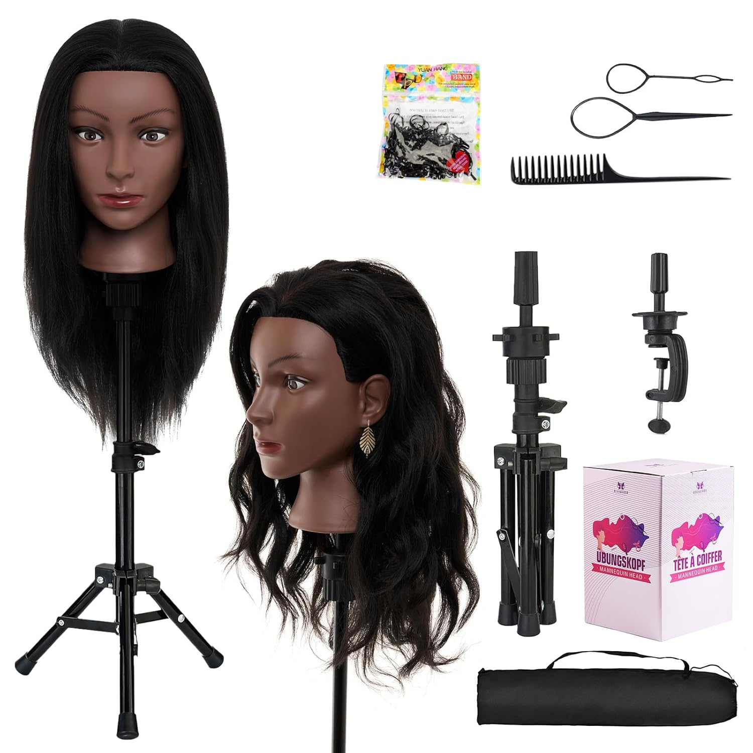 20-22 Inch Mannequin Head Human Hair with Stand,100% Real Human Hair Mannequin Head for Braiding,Cosmetology Manikin Doll Head for Styling with Table Clamp Hair Braiding Set(Brown)