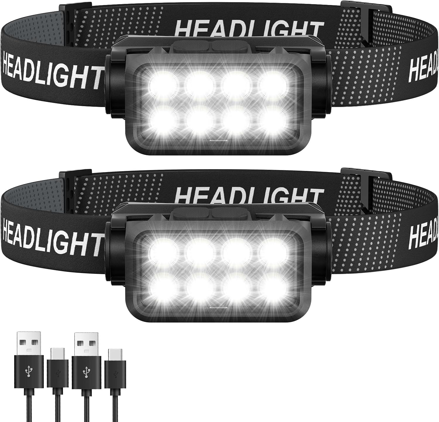 Rechargeable Headlamp Flashlight 2-Pack, 8 LED 2500 Lumen Ultra-Light Bright Headlight with Motion Sensor, Waterproof Lightweight Head Lamp for Adult Kid, Headlamps for Outdoor Camping Running Fishing