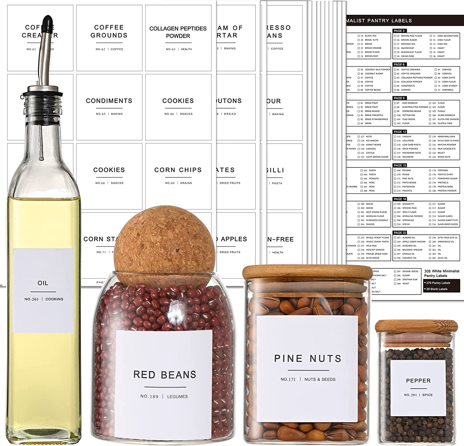 308 Kitchen Pantry Labels for Food Containers, 3 Sizes White Minimalist Organizing, Jars, Storage Bins, Preprinted Waterproof Containers