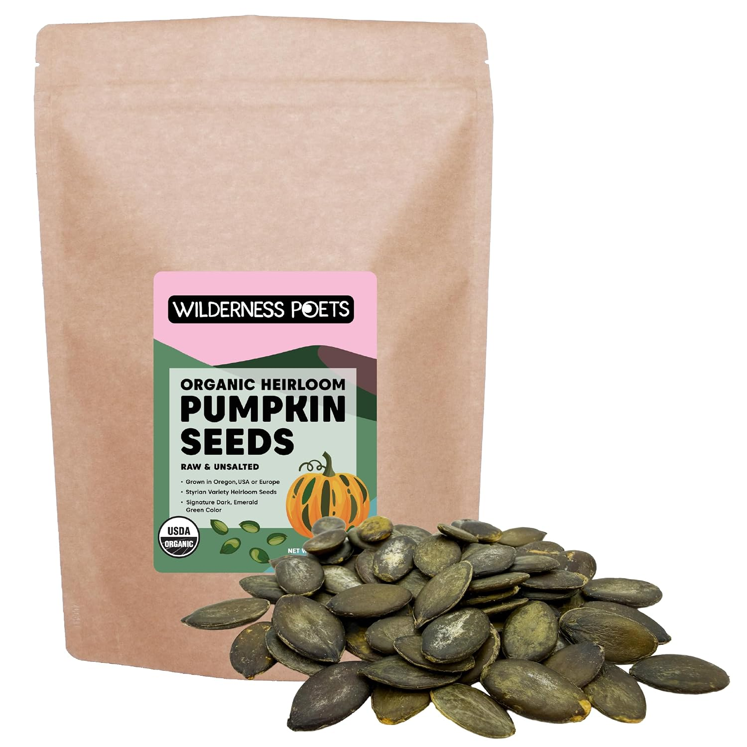 Wilderness Poets, Organic Heirloom Pumpkin Seeds - Styrian Variety, No Shells, Naturally Hulless. Unsalted, Bulk Size, Grown in Oregon, USA or Europe (80 Ounce - 5 Pound)