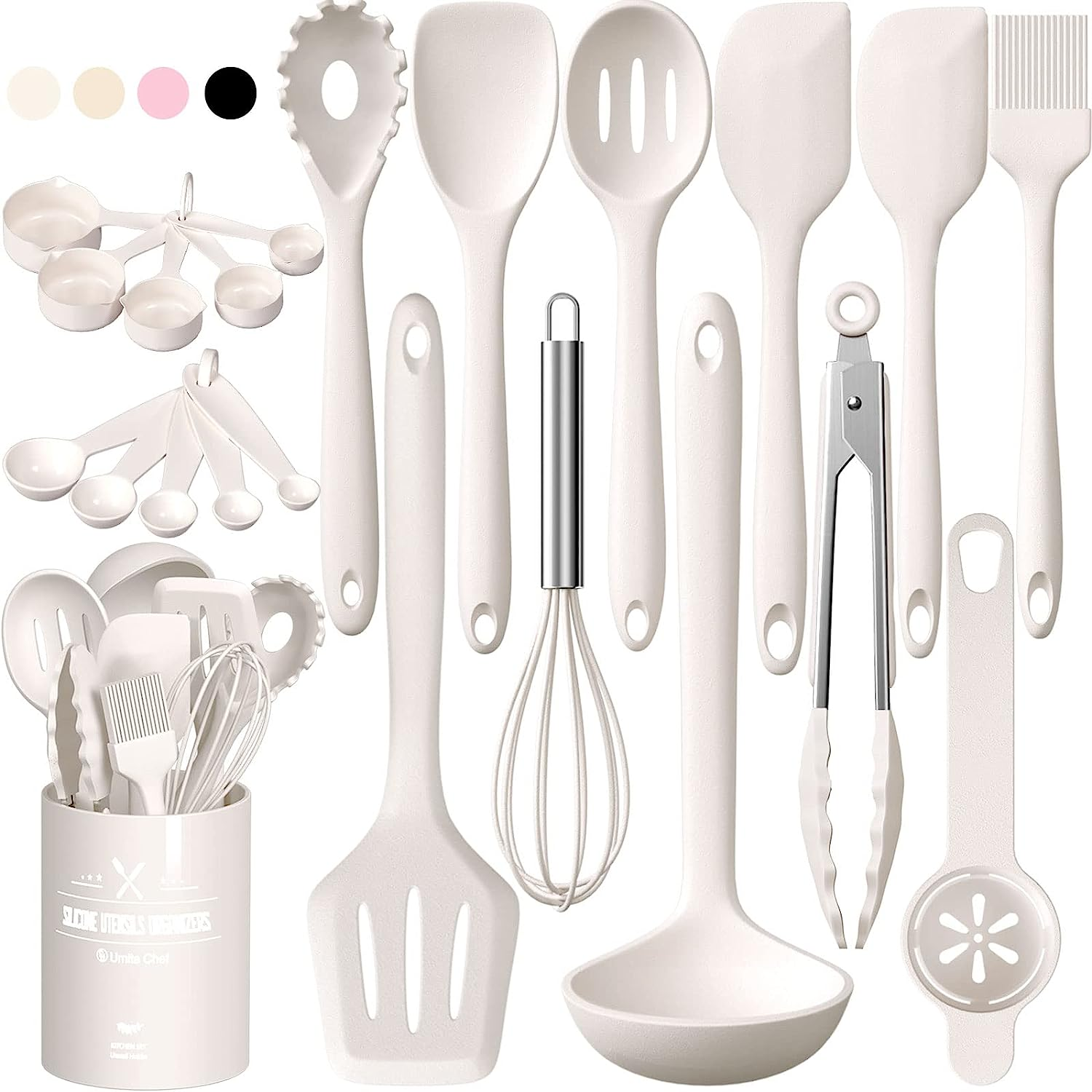 Kitchen Utensils Set,  22Pcs Silicone Cooking Utensils Set, Heat Resistant Silicone Kitchen Spatulas Set with Holder, White Cooking Gadgets Tools Set for Nonstick Cookware, Dishwasher Safe