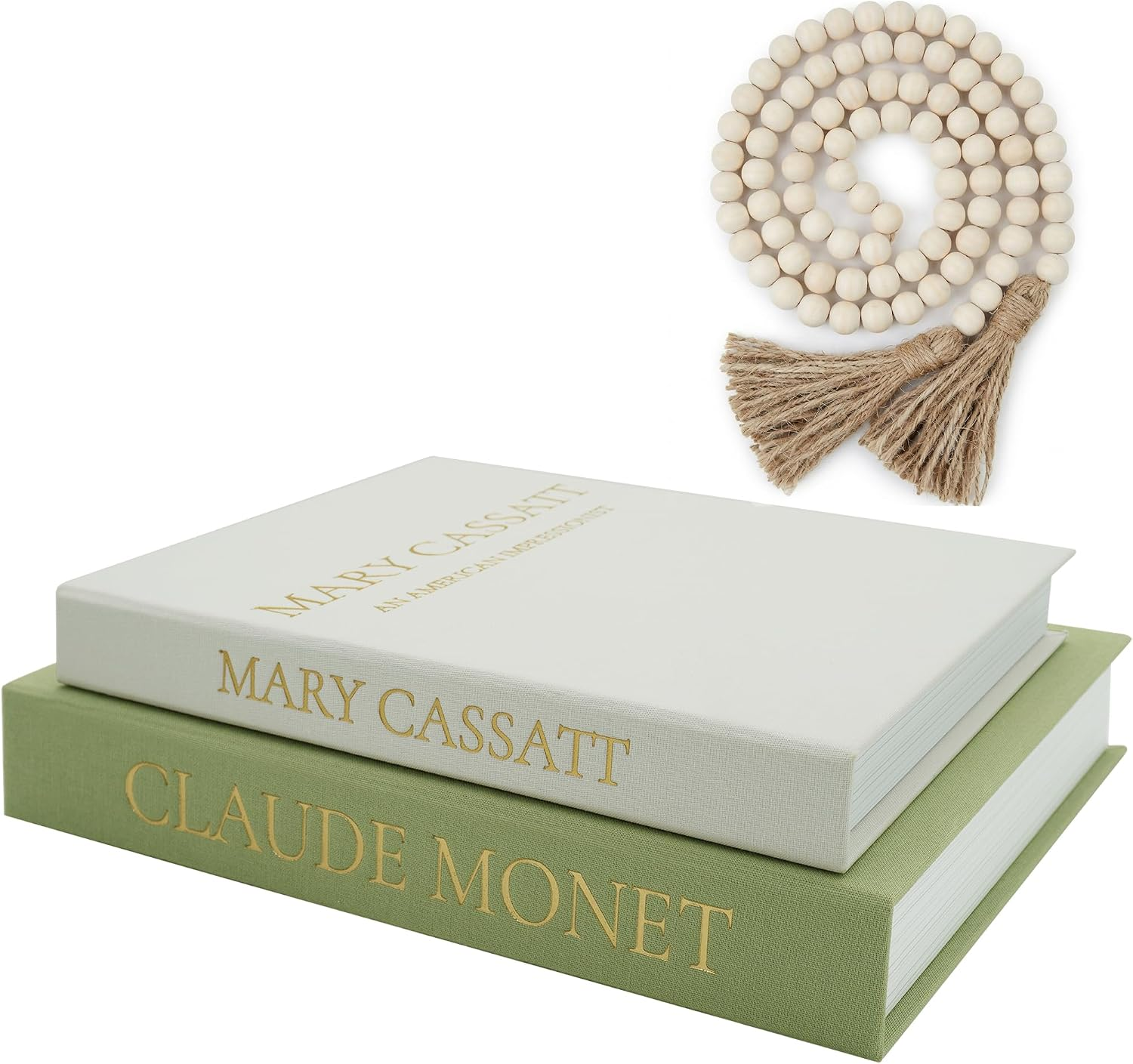 3-Pcs Decorative Books with Storage - Set of 2 Real Fabric Linen Book Boxes & 1 Tasseled Bead Garland - for Coffee Table Styling & Shelf Decor (Beige-Green(With Bead Garland))