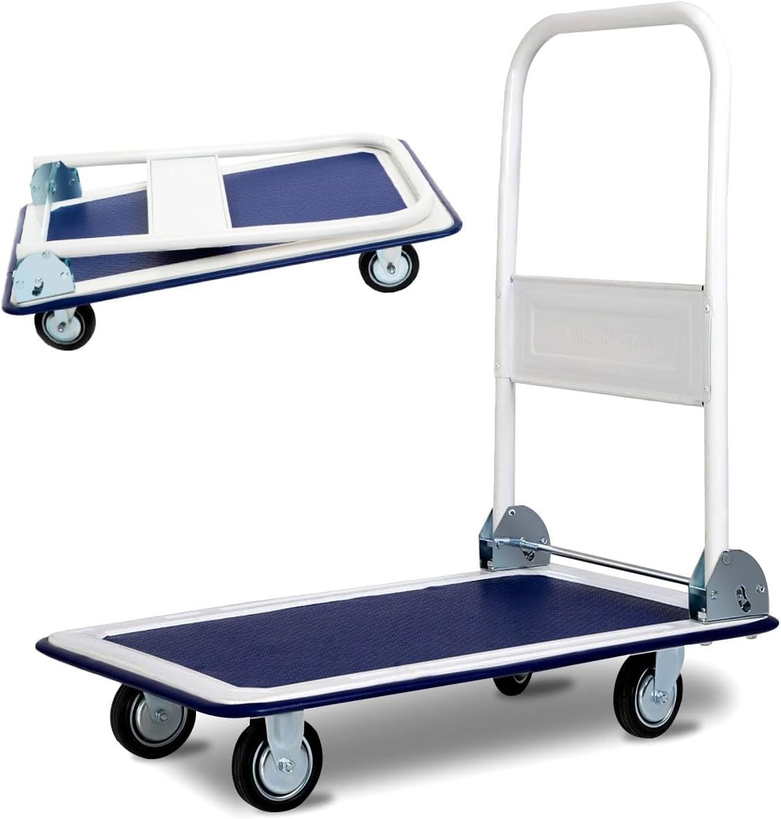 150Kg/300Kg Folding Platform Trolley, Heavy Duty Hand Sack Truck with Handle & Bumper Strips, Rolling Flatbed Cart Dolly for Easy Transportation (Blue+White, 73X48X83Cm, 150Kg Capacity)