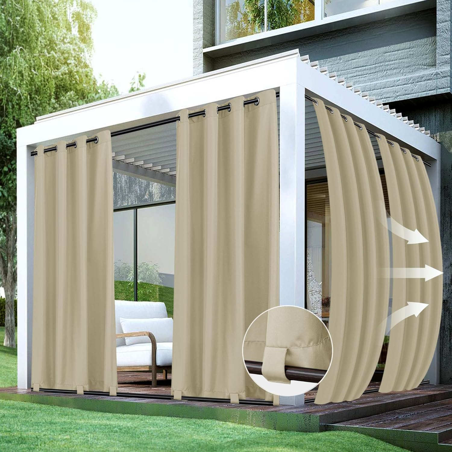 Waterproof Outdoor Patio Curtains - 4 Panels Cream - Grommet & Tab Top 54