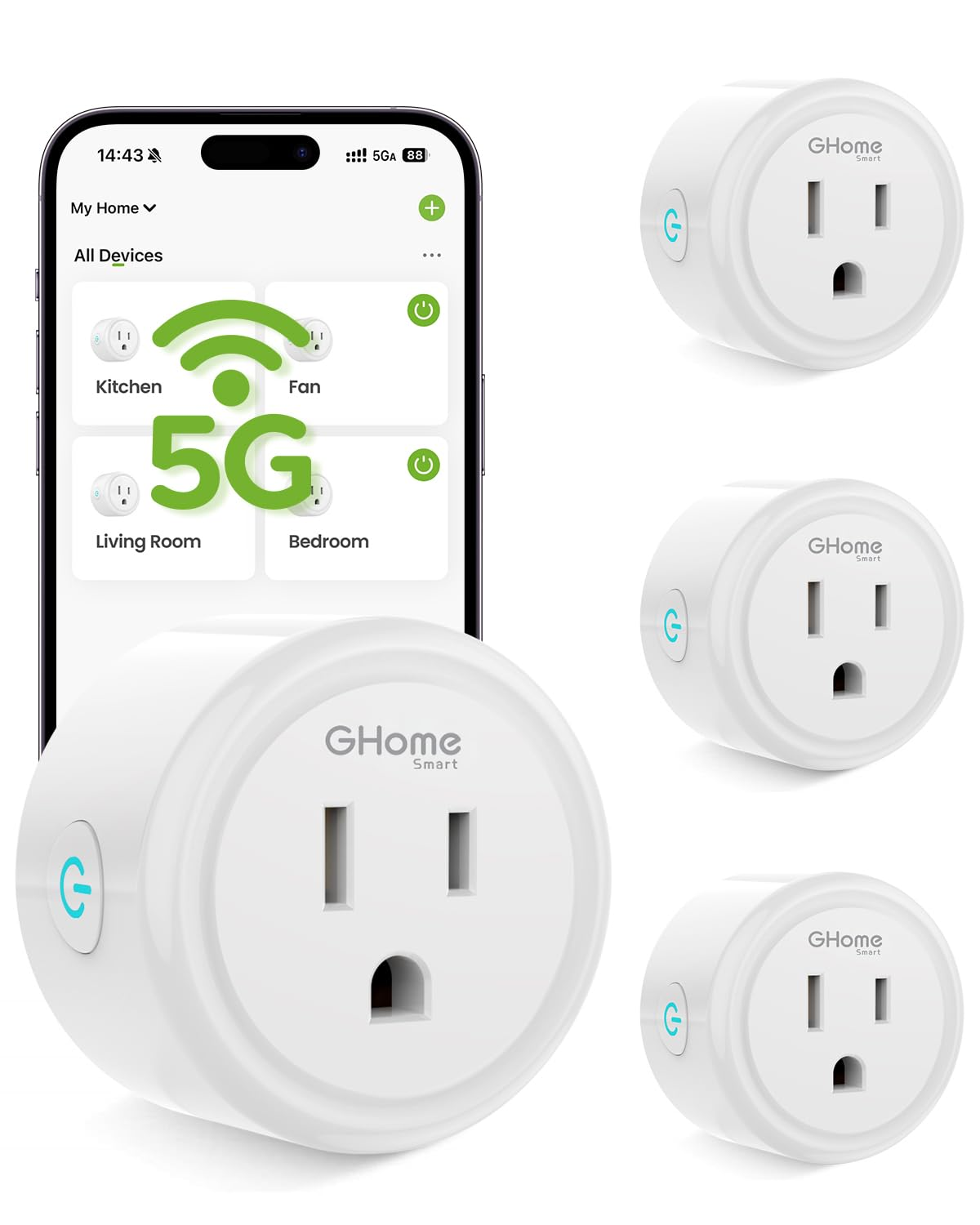 5G 15A Wifi Smart Plug Compatible with Alexa and Google Home, Outlet Timer Smart Home Wifi Outlet Timer with Remote Control, 5Ghz and 2.4Ghz Wi-Fi Sockets, ETL FCC Listed, White, 4 Pack
