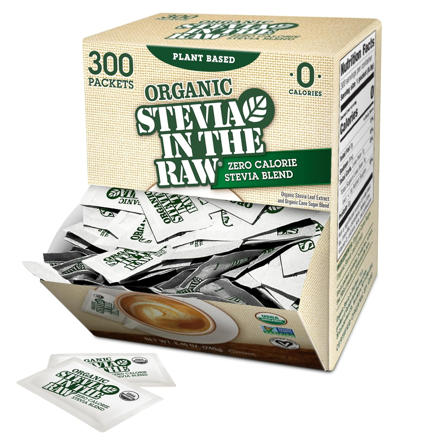 Stevia in the Raw Organic Stevia Sweetener Packets, 300 Ct, Zero Calorie Stevia Sugar Substitute Packets, No Erythritol or Artificial Flavors, USDA Organic, Non-Gmo Project Verified, Vegan