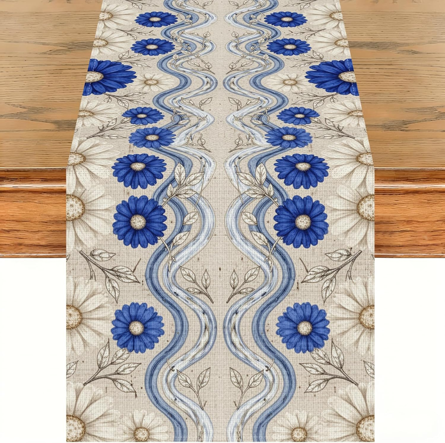 Blue Daisy Table Runner Boho Floral Wildflowers Linen Kitchen Dining Table for Wedding Anniversary Farmhouse Spring Summer Home Party Decorations