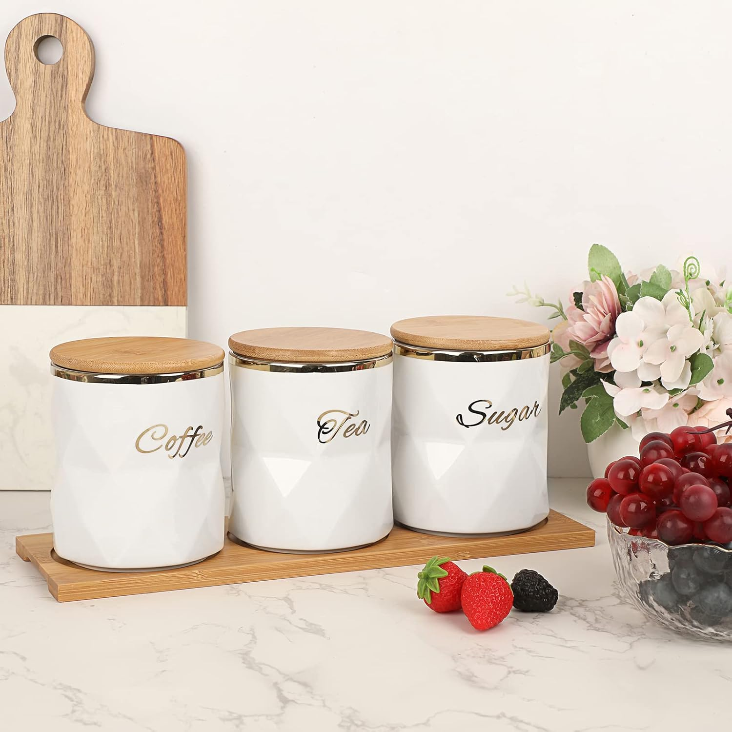JUXYES Set of 3 Ceramic Canisters Set for Sugar Coffee Tea, Luxurious Storage... - Picture 9 of 14