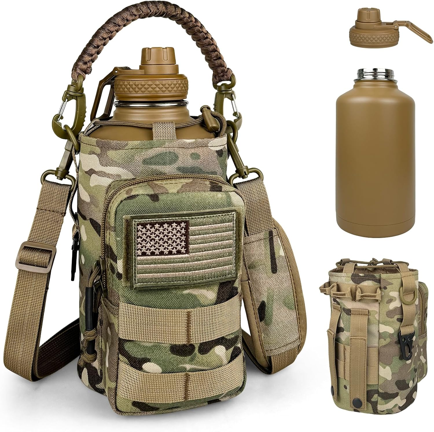 DEFUNX Half Gallon Water Bottle Insulated with Sleeve - Tactical 64 Oz Stainless Steel Water Jug with MOLLE Water Bottle Pouch, Gym Water Bottles for Men Hiking Workout (CP Camo)
