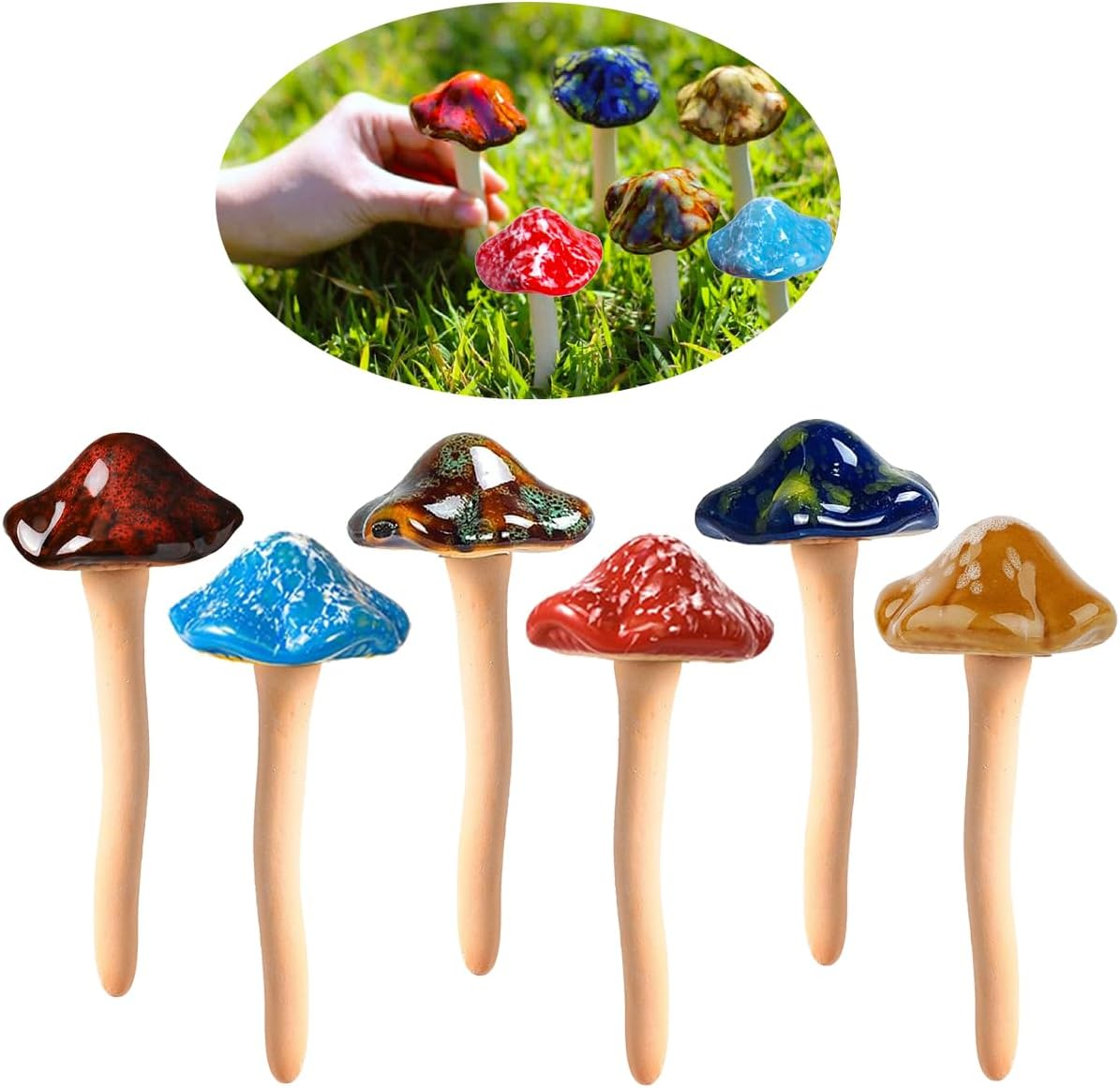Ceramic Mushrooms for Garden 6 Pack Small Mushroom Garden Decor outside Outdoor Lawn Ornaments Decorative Plant Stakes Yard Pots Decorations Little Women Gifts Brown