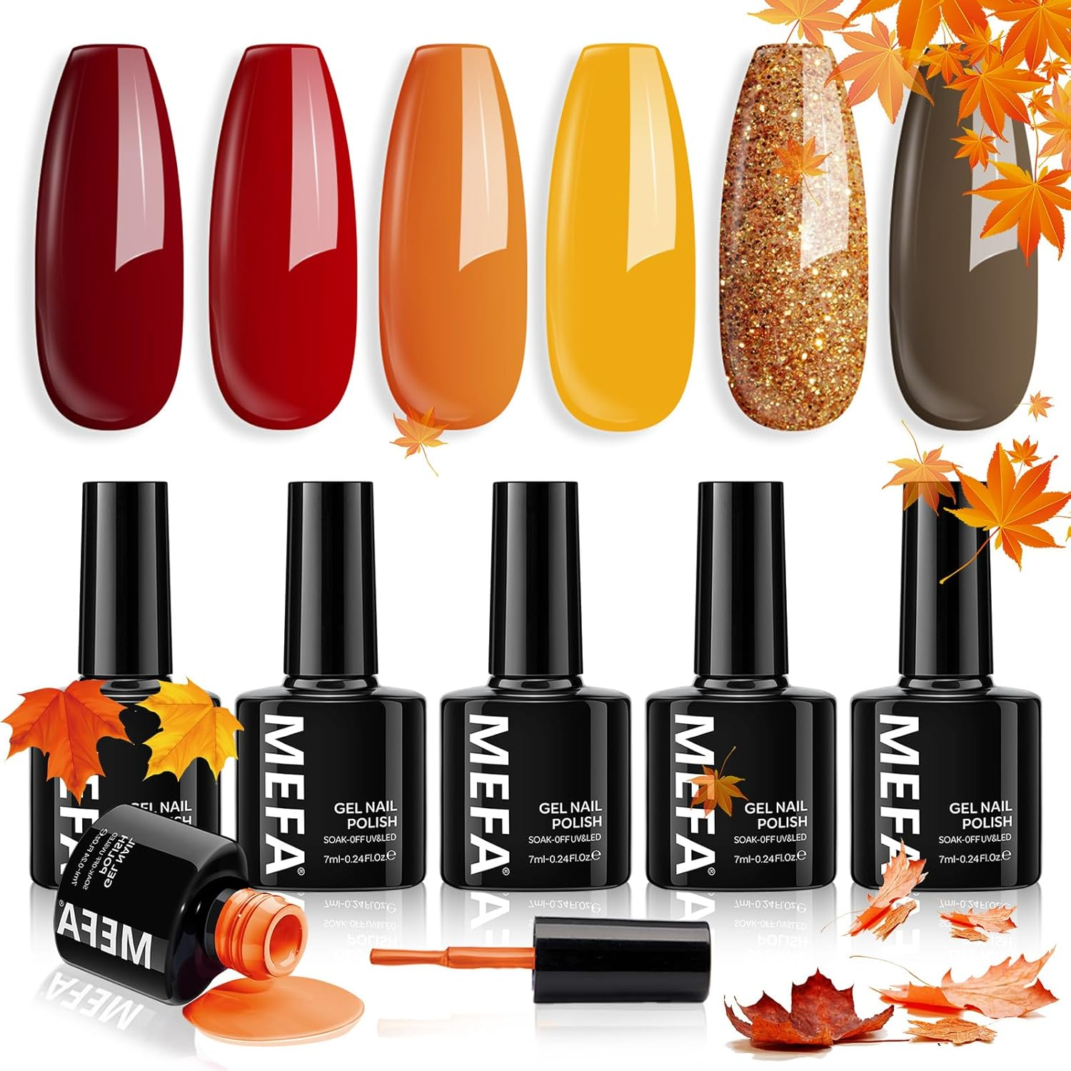 6 Colors Fall Gel Nail Polish Set, Shades Orange Red Brown Glitter Yellow Soak off Gel Polish Spring Summer Tones Nail Art Design Salon Home Manicure Kit Gifts