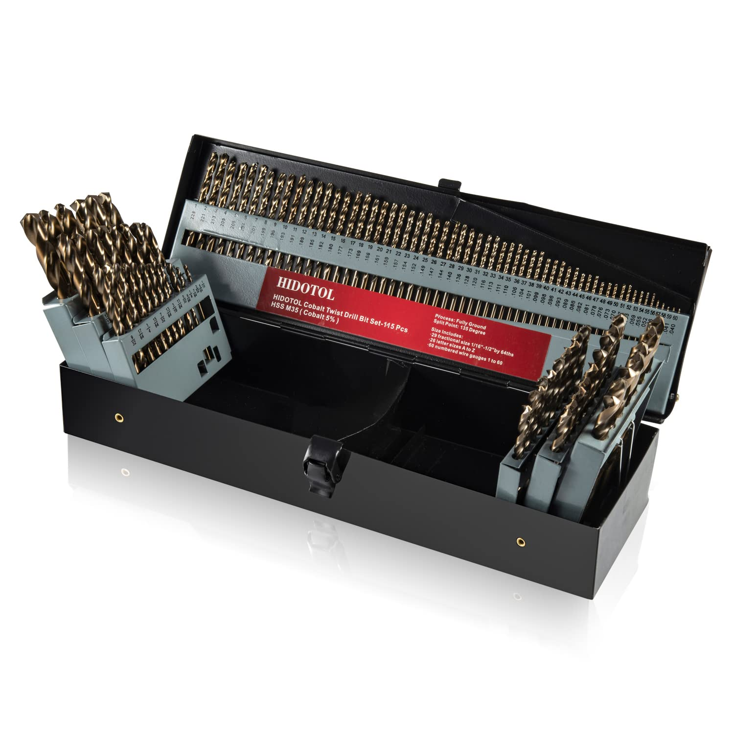Cobalt Drill Bit Set 115 PCS M35 High Speed Steel Twist Jobber Length Drill Bits for Hardened Metal Stainless Steel, Cast Iron Plastic and Wood, 1/16