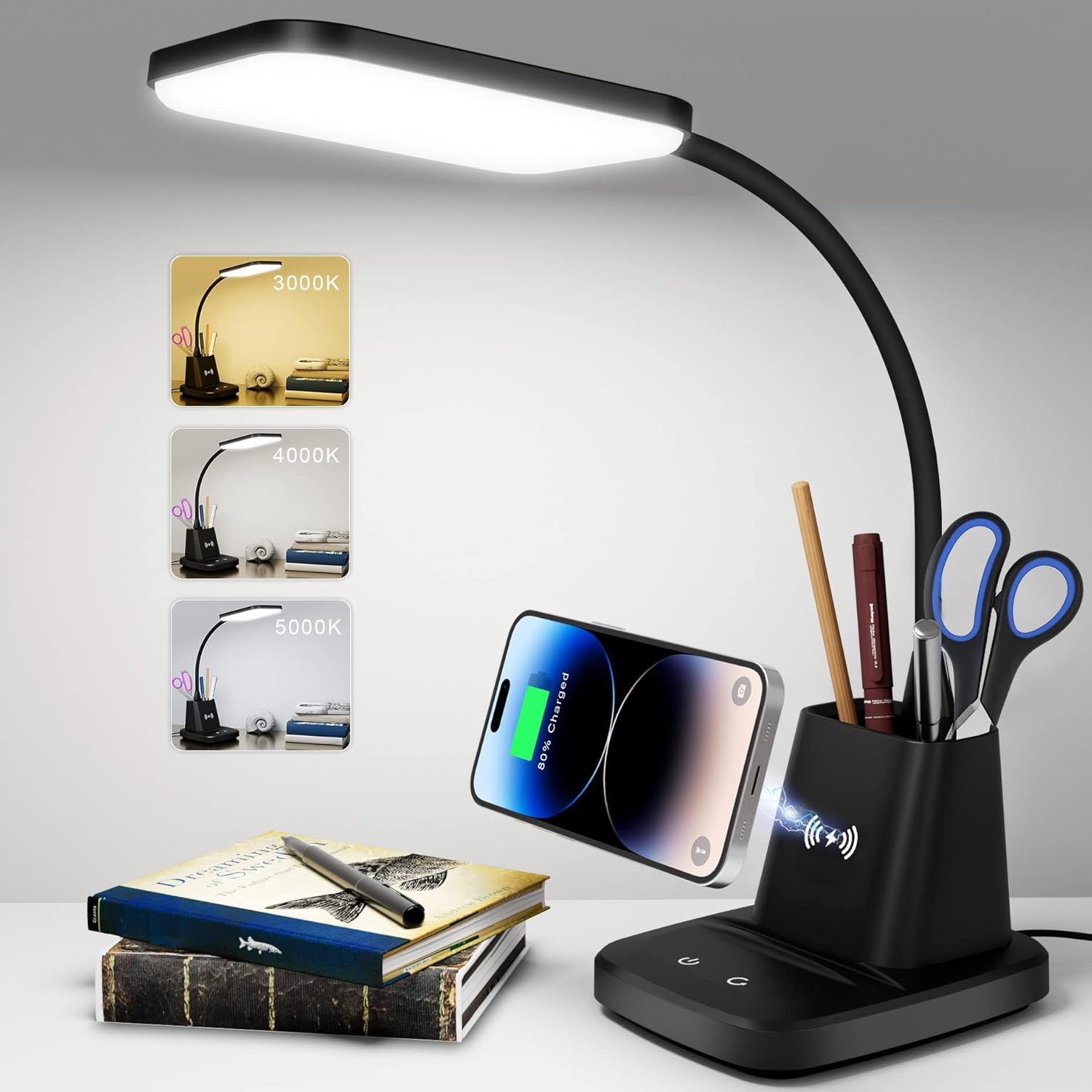 Desk Lamp, LED Desk Lamps for Home Office, Wireless Charger Small Desk Lamp
