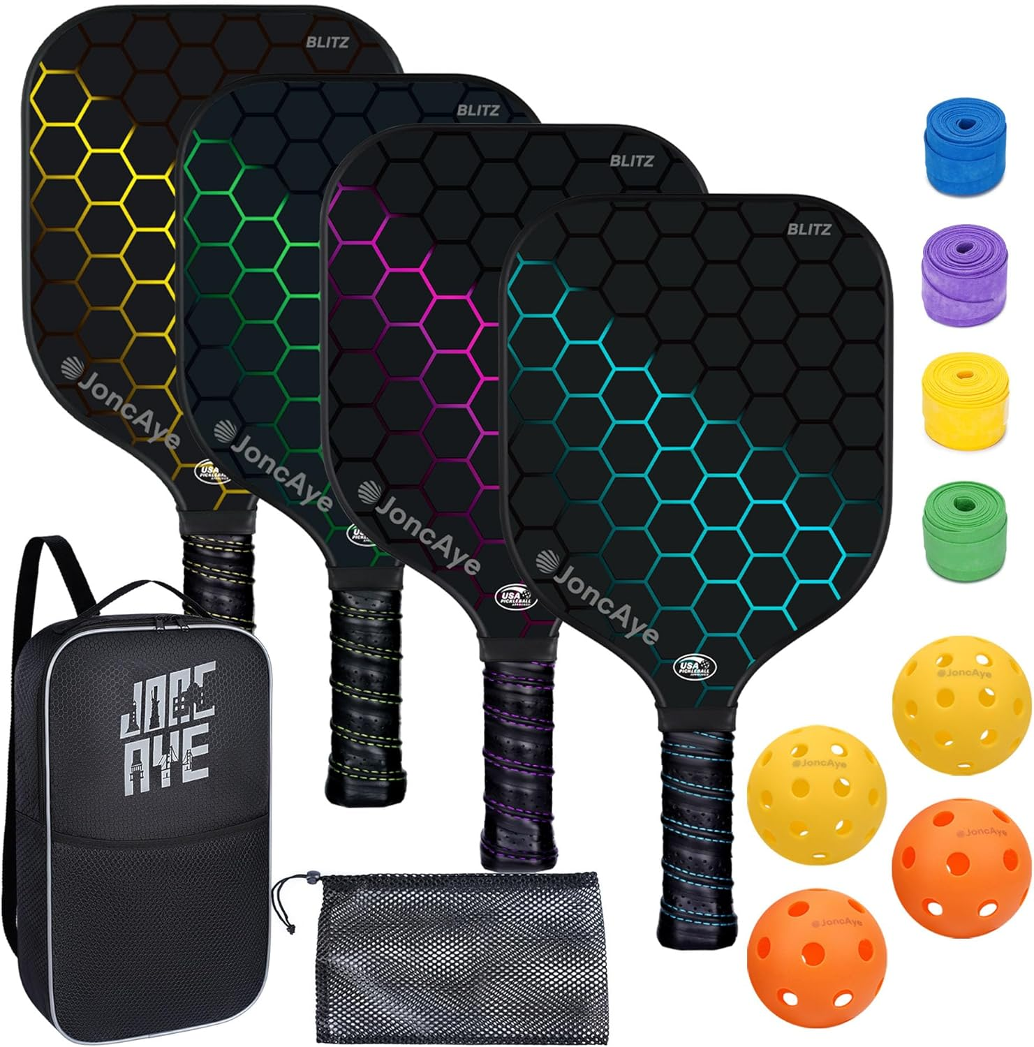 Pickleball-Paddles-Set of 4 or 2 | USAPA Approved Rackets with Outdoor Indoor Balls, Bag, Grip Tapes | Fiberglass Raquette de Pickle-Ball | Gift for Family, Kids, Adults