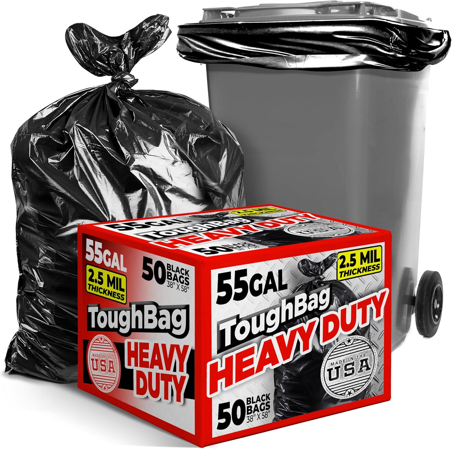 55 Gallon Trash Bags, 2.5 Mil Contractor Bags - 50 Count, Large 55-60 Gallon Trash Can Liners, Black Contractor Garbage Bags, 38 X 58