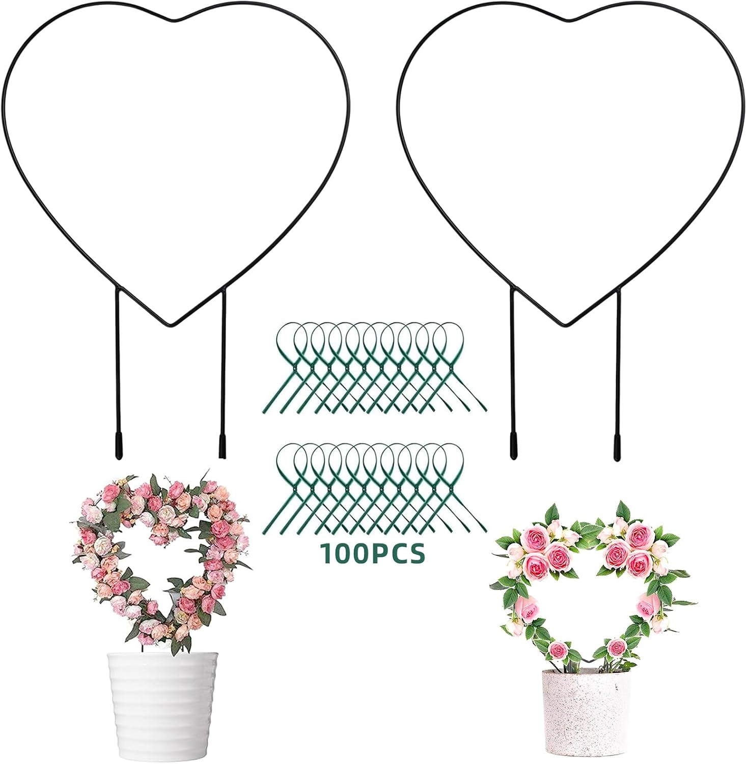 2 PCS Heart Shaped Plant Trellis Indoor with 100 Plant Twist Tie, Iron Heart Trellis for Indoor Climbing Plants Vine Stem Support Hearts Wire, Houseplant Hearts Trellis for Potted Plants