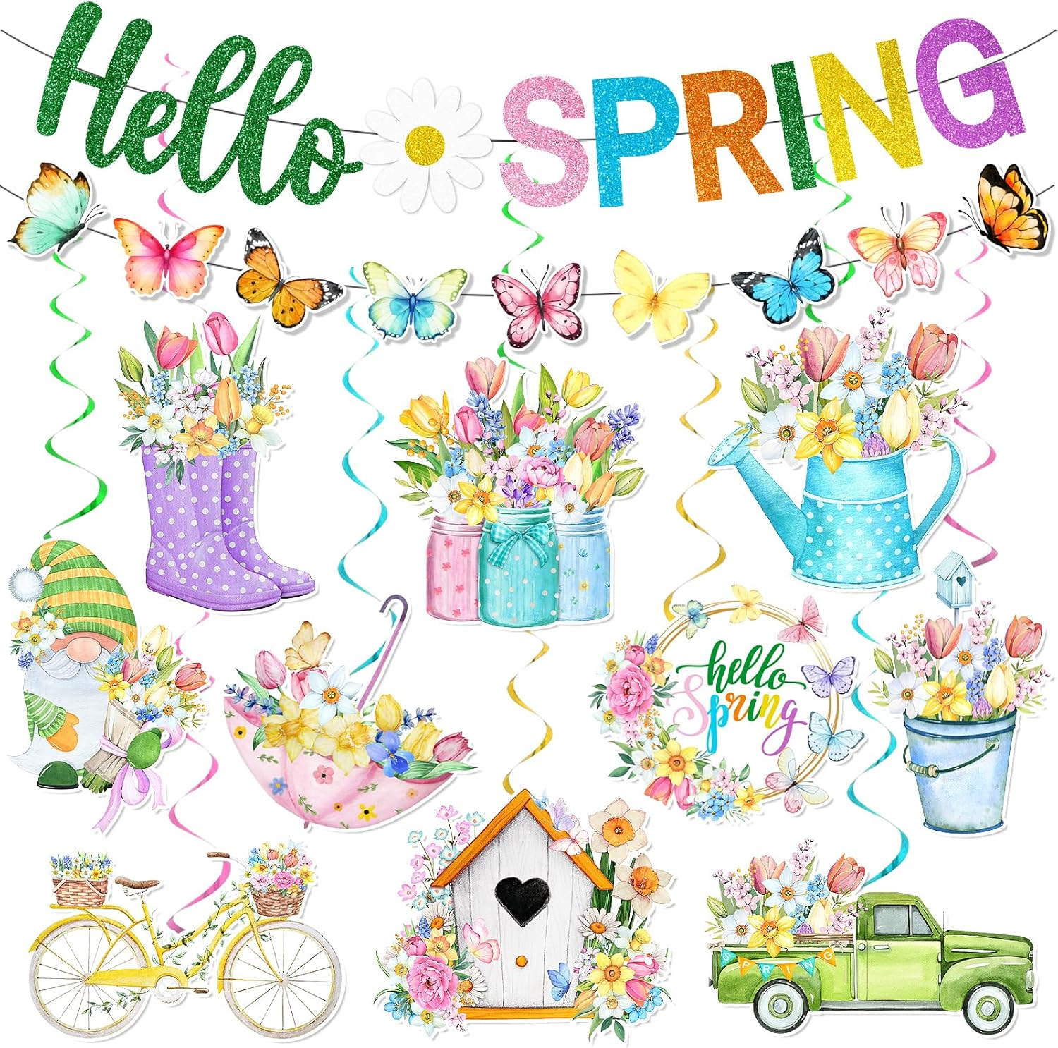 Spring Decorations Banner,Spring Party Decorations Includes Hello Spring Banner and Butterfly Spring Hanging Swirls, Spring Decorations for Office Home Classroom