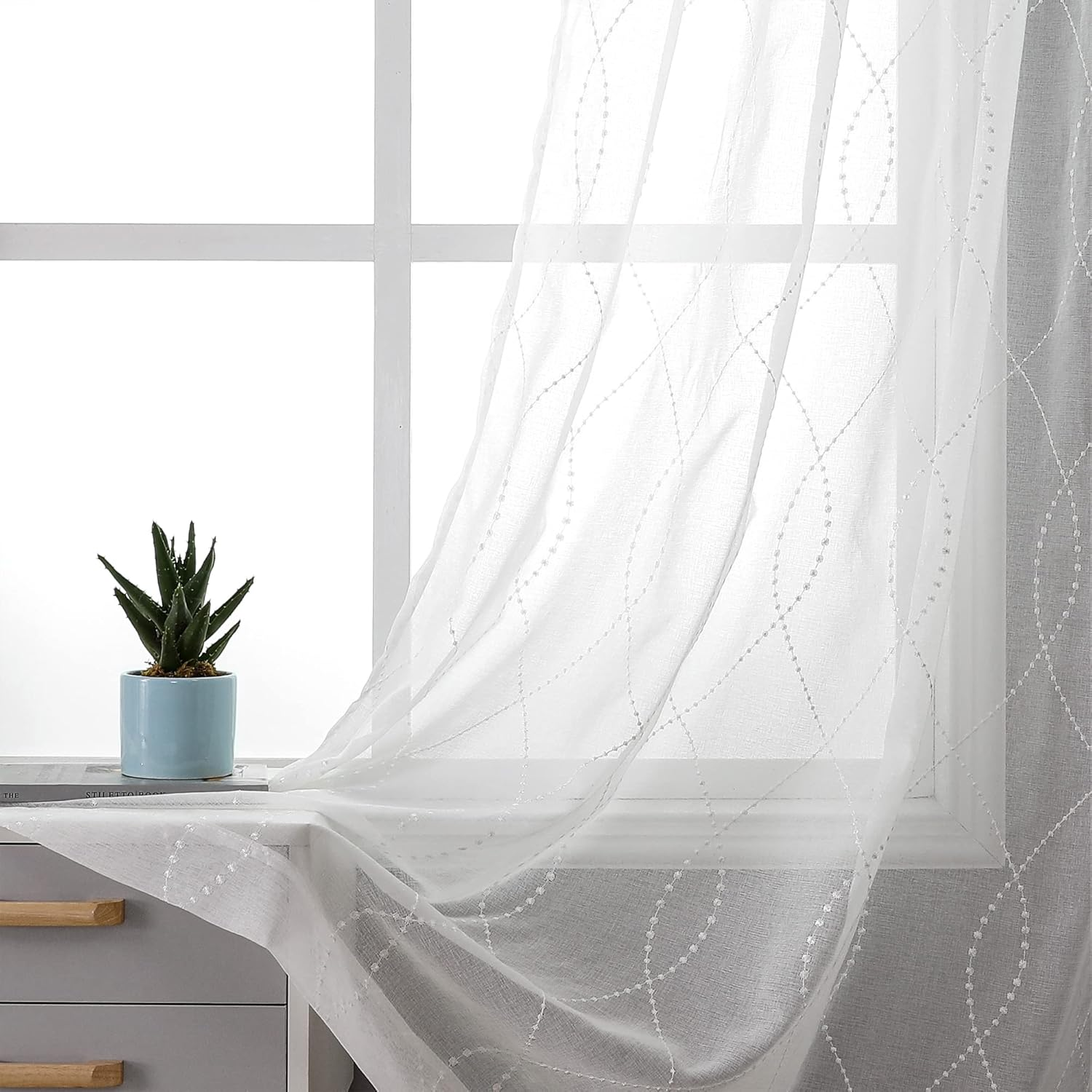 White Sheer Curtains 84 Inches Long 2 Panels Set Moroccan Embroidery White Dots Embroidered Voile Fabric Semi Rod Pocket Window Treatment Drapes for Living Room Bedroom 54 X 84 Inches