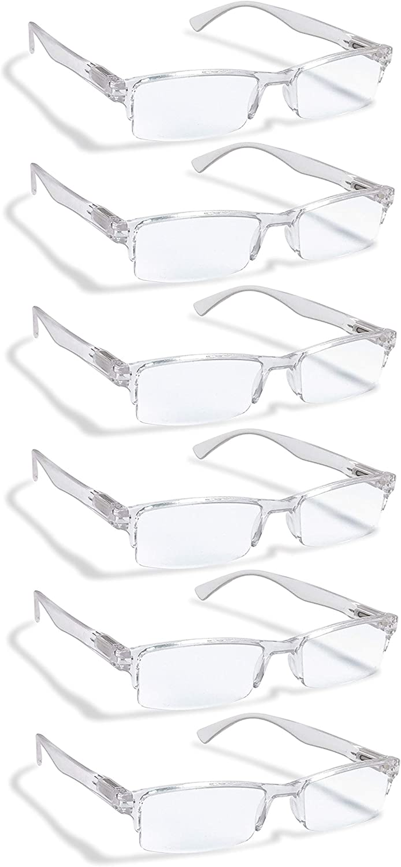Boost Eyewear 6 Pack Reading Glasses, Clear Half Rim Frames, for Men and Women, with Comfort Spring Loaded Hinges, Clear, 6 Pairs (+1.00)