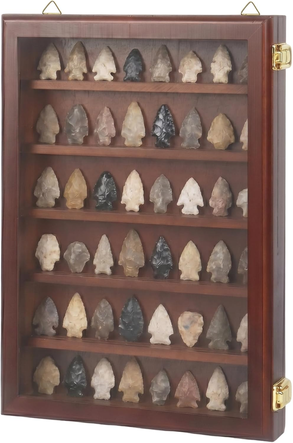 Arrowhead Display Case, Wall-Mounted Native American Shadow Box with Lock, Arrowhead Display Cabinet for Arrowheads Agate and Stone Collections (Brown)