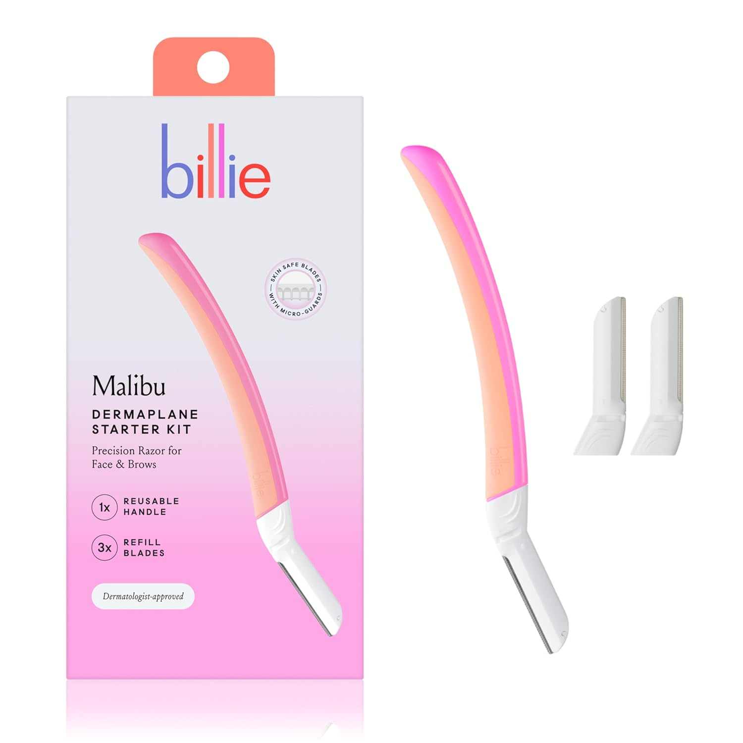 - Dermaplane Starter Kit - Reusable Handle + 3 Refill Blades - Remove Facial Hair + Perfectly Shape Brows - Dermatologist-Approved - Malibu