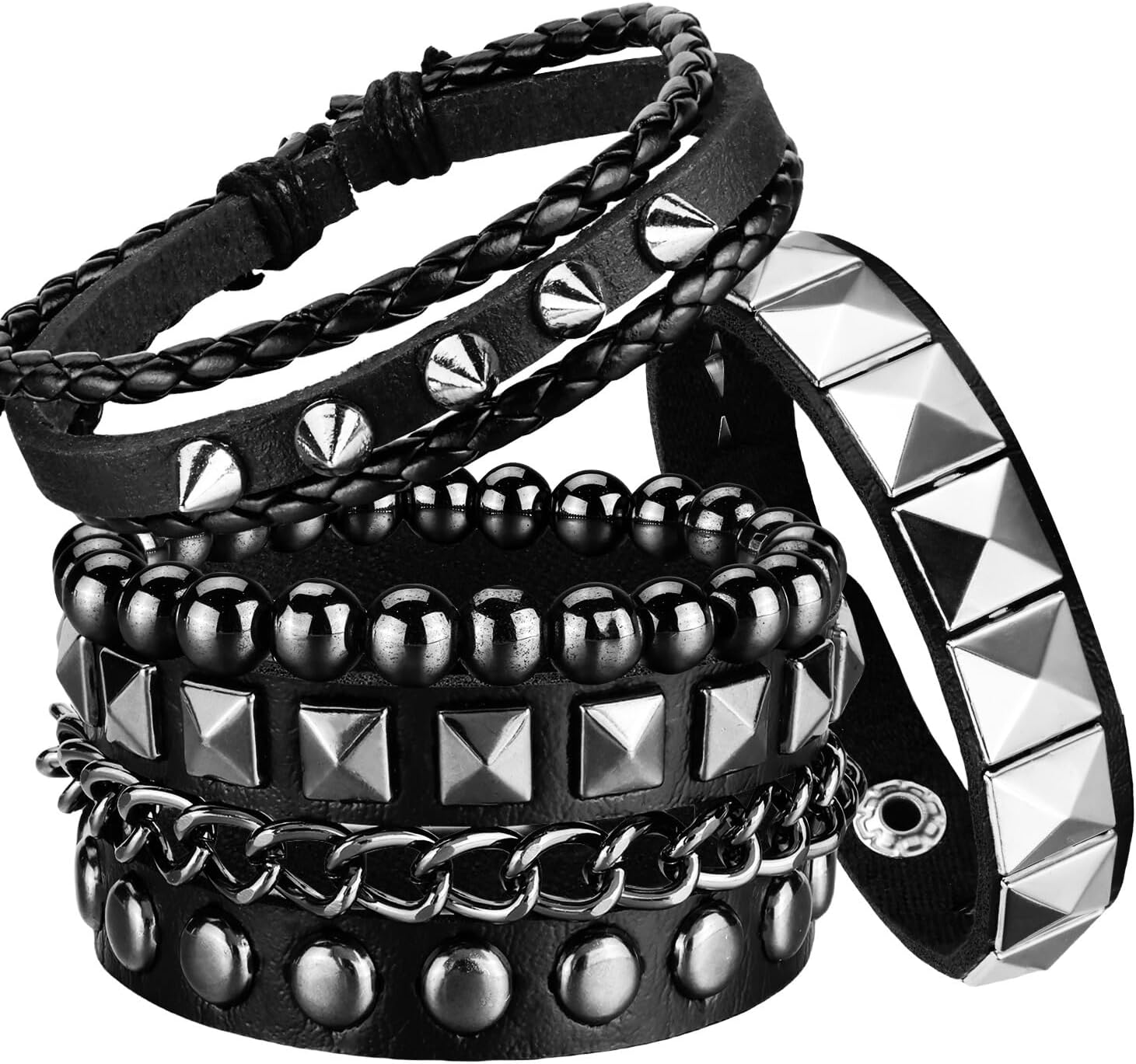 4 Pcs Punk Rock Leather Studded Bracelets for Men Women 80S Gothic Spike Cuff Bracelet Set Emo Accessories for Rocker Outfits