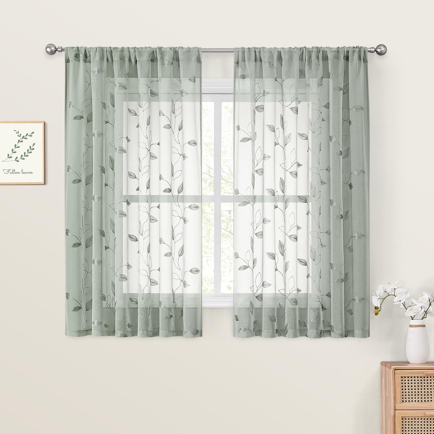 Sage Green Sheer Curtains 52 X 54 Inch Length 2 Panels Embroidered Leaf Pattern Short Curtains for Bedroom Half/Small Window Rod Pocket Kitchen Curtains