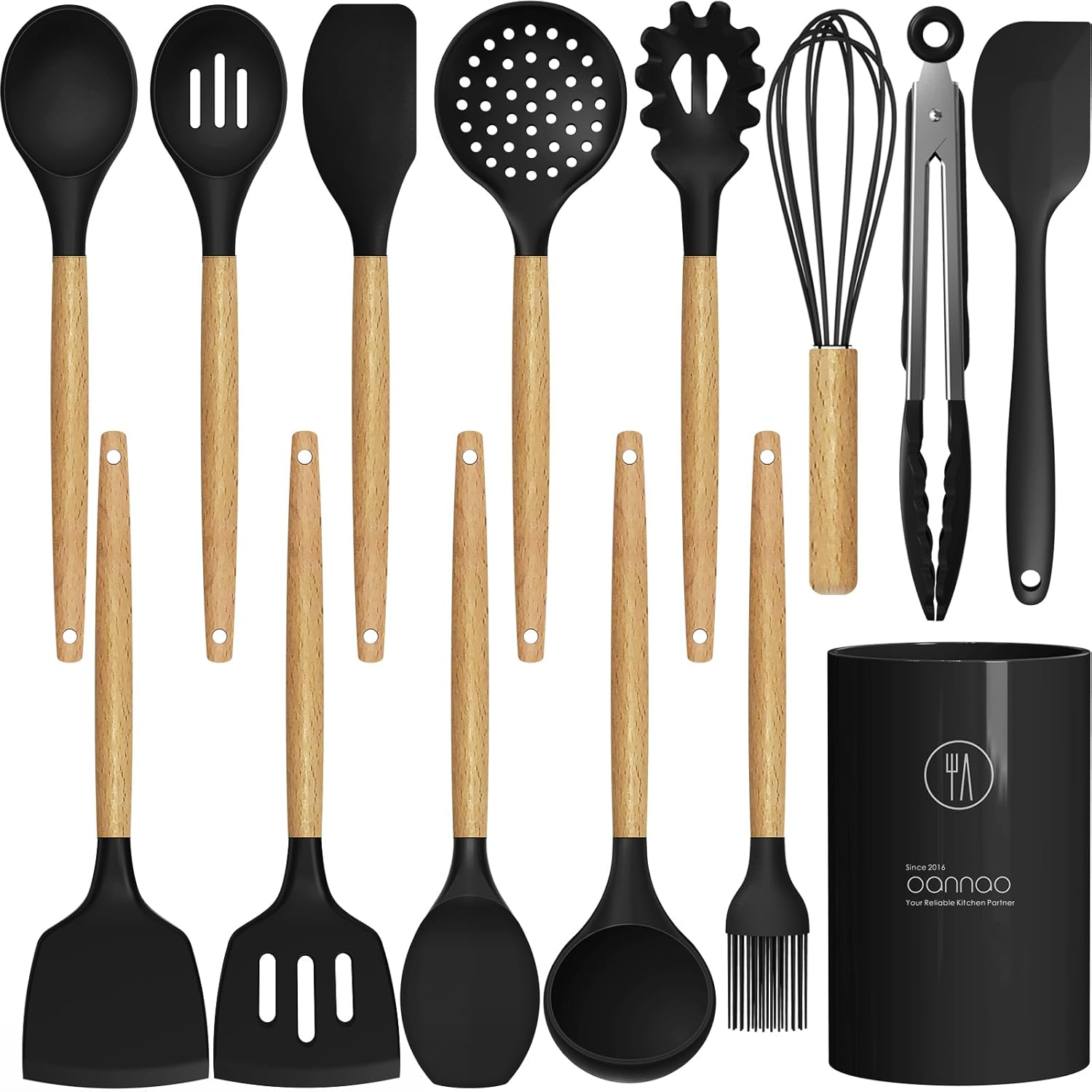 Silicone Cooking Utensils Set Utensil Sets - 446°F Heat Resistant Silicone Kitchen Utensils Set Wooden Handles, Silicone Utensils for Cooking W Holder for Non-Stick Cookware BPA FREE (Black)