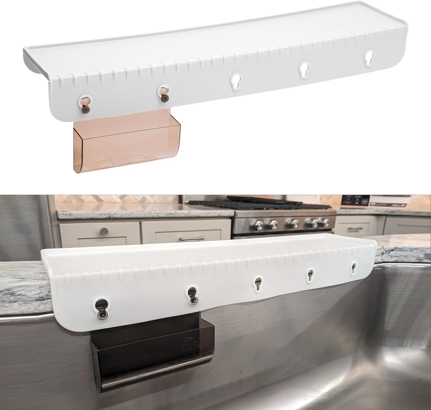 Silisink XL Silicone Edge Guard for Kitchen Sink - Fits 3.75” - 4” Wide - the Original Silicone Sink Edge Protector with Sponge Caddy - Splash Guard, 20” White