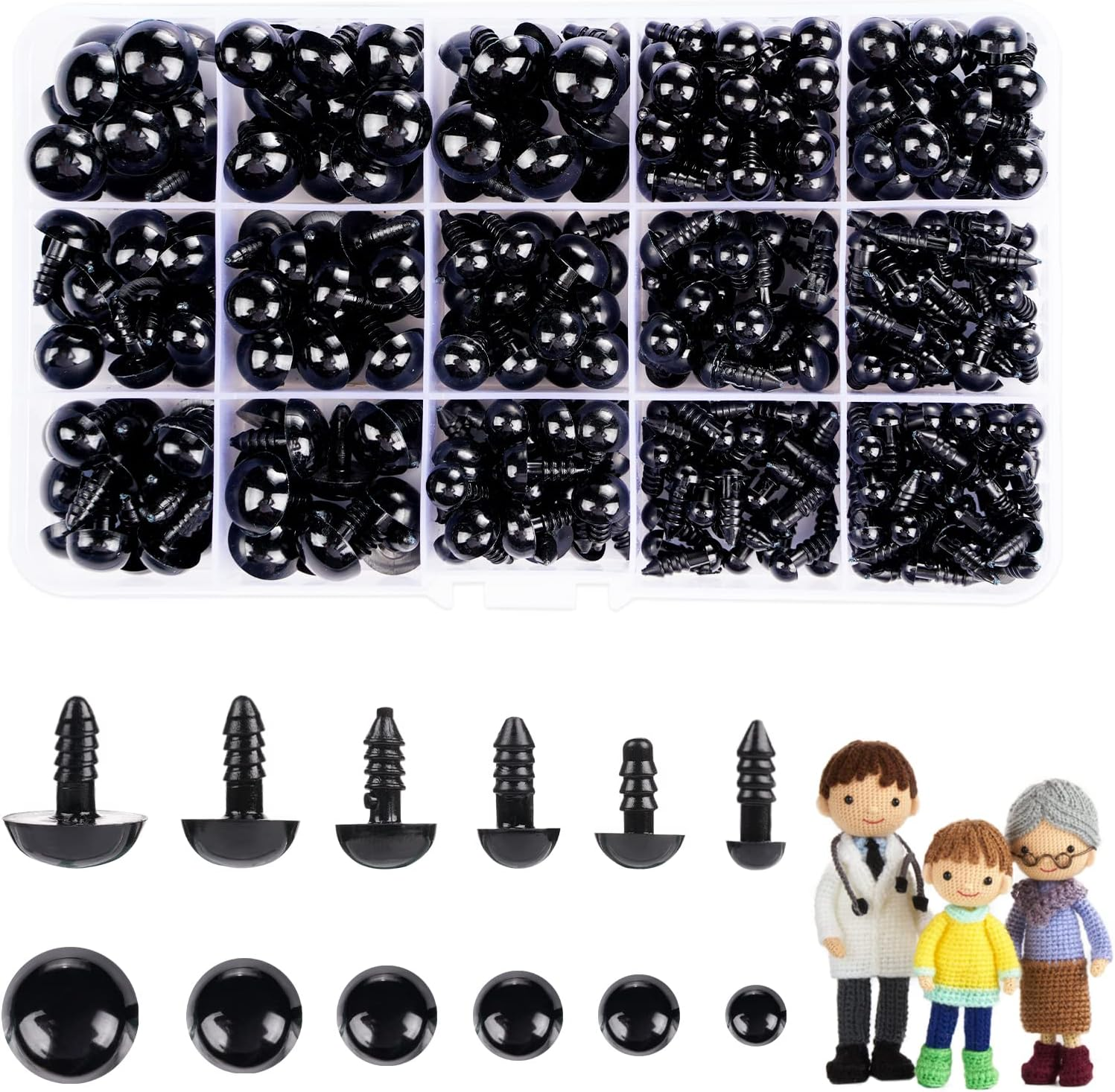 700 Pcs Black Plastic Crochet Safety Eyes with Washers for 6-14Mm Stuffed Animals and Amigurumi DIY Halloween Decorations