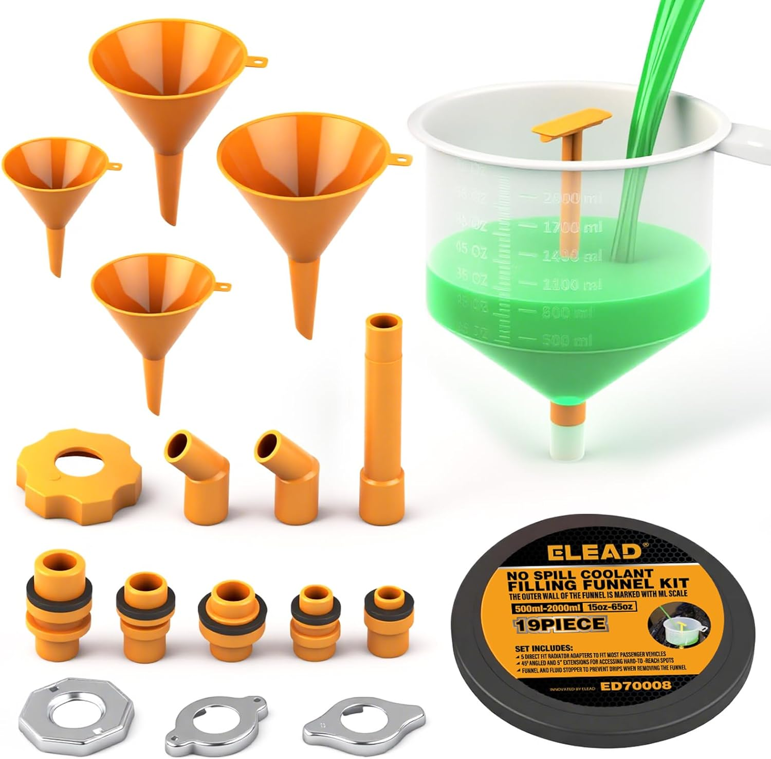 ELEAD No-Spill Coolant Funnel Kit - 19-Piece Radiator Funnel Burping Kit, Coolant Bleeder Kit, Extra Funnels and Adapters for Universal Vehicle