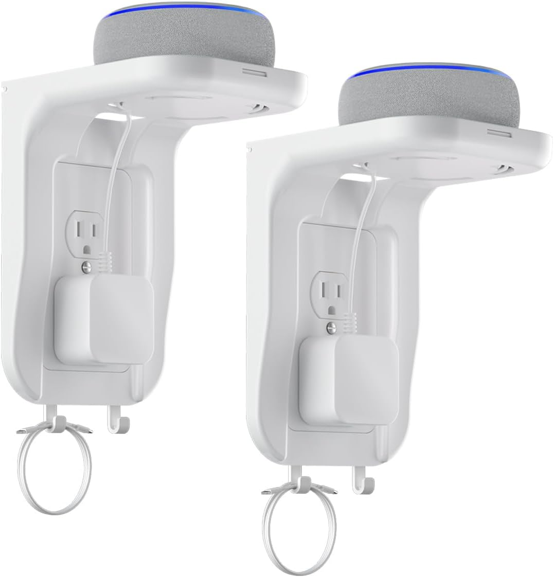 Suptek Wall Outlet Shelf 2 Pack,Home Wall Shelf Organizer for Outlets,Perfect for Bathroom, Kitchen, Bedrooms,Hold Cell Phone,Speaker up to 20Lbs,With Cable Management and Detachable Hooks,White(S3W2)