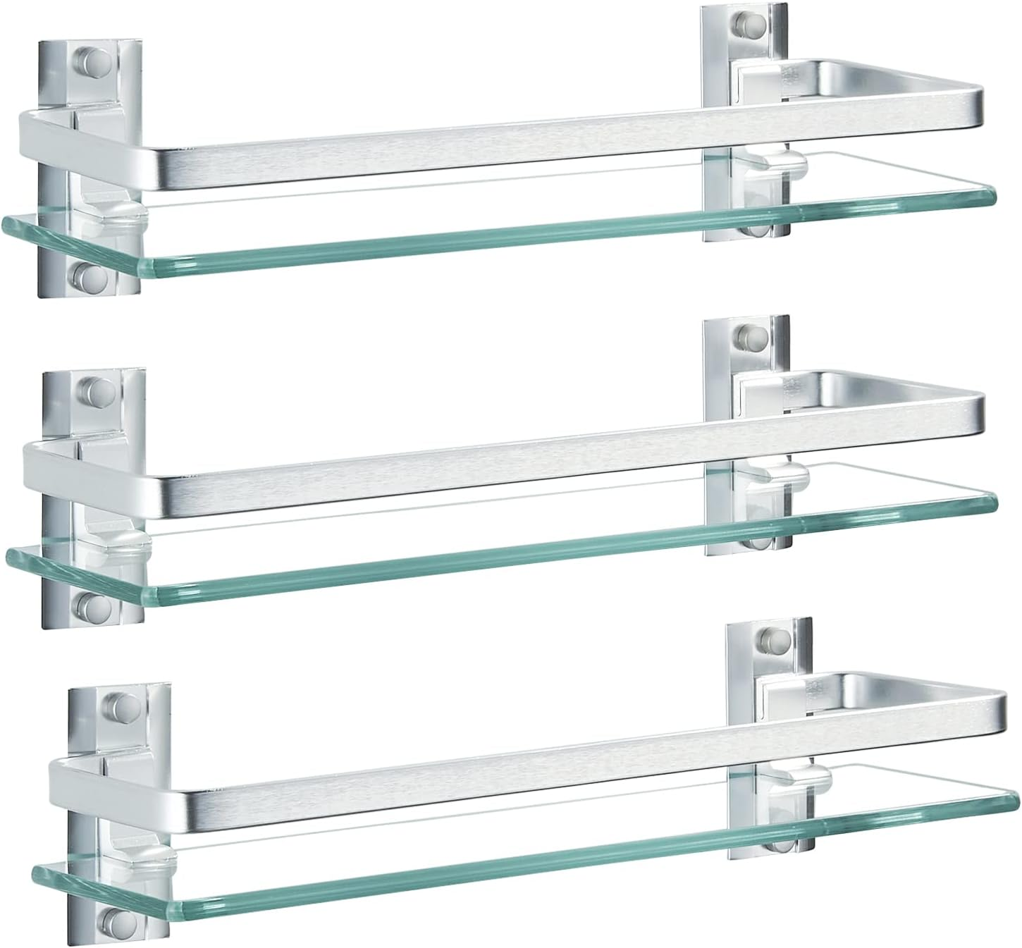 3 Pack Bathroom Glass Shelf,Aluminum Tempered Glass 0.34In Extra Thick Rectangular 1 Tier Storage Organizer Wall Mount,Silver 15.7In