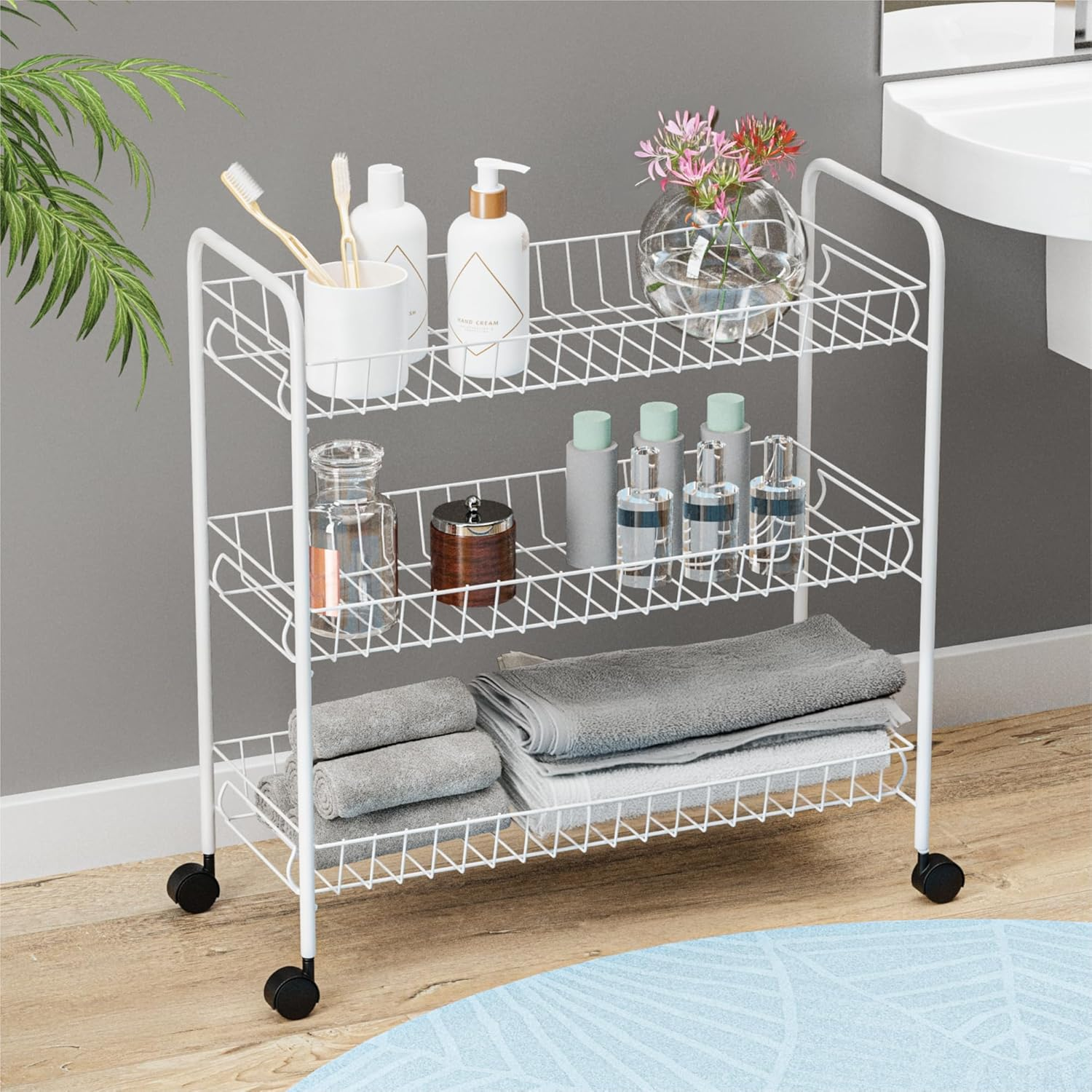 Rolling Utility Cart with Handle, 3 Tier Versatile Storage Organizer with Wheels for Home, Office, Living Room, and Kitchen