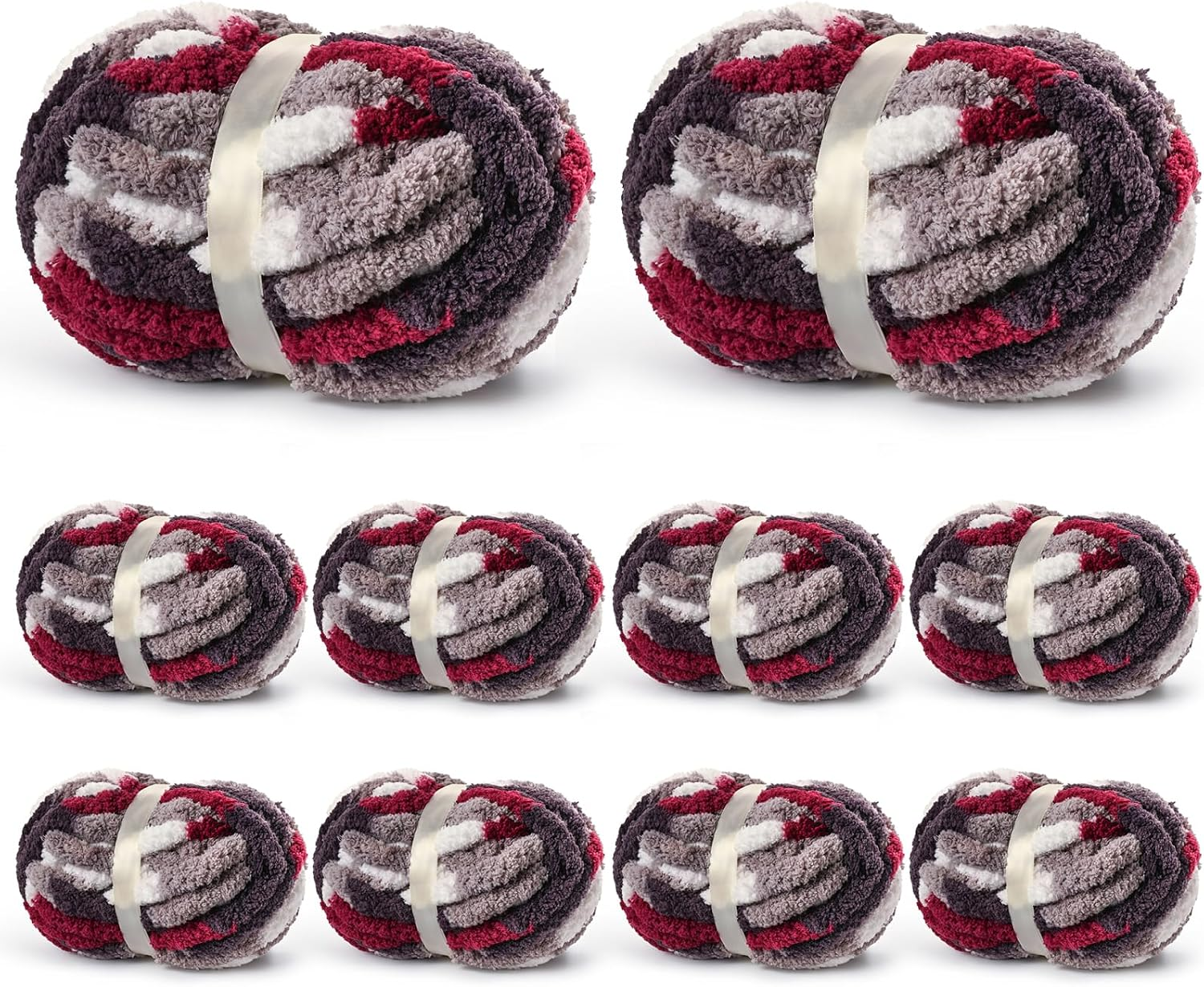 10 Pack Jumbo Chunky Yarn for Hand Knitting, Fluffy Variegated Chunky Chenille Yarn for Crocheting, 240Yds/70.5Oz Super Bulky Soft Crochet Baby Blanket Yarn(White-Grey-Wine Red)