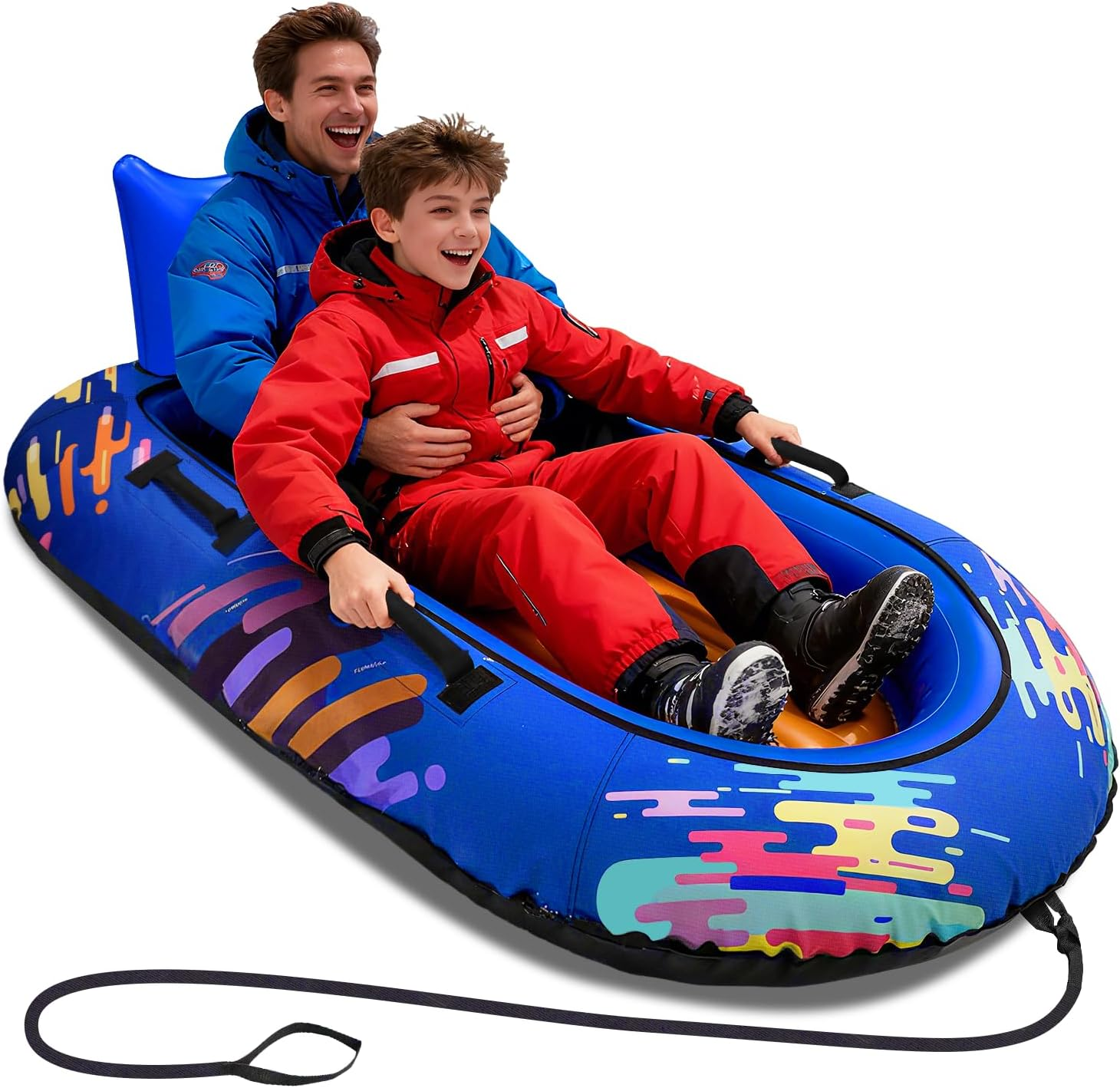 Snow Tube for Adults 2 Person, Heavy-Duty Inflatable Snow Sled with 600D Fabric Cover, Backrest, Tow Rope & Reinforced Handles,  Winter Toboggan–Ideal for Family & Friends