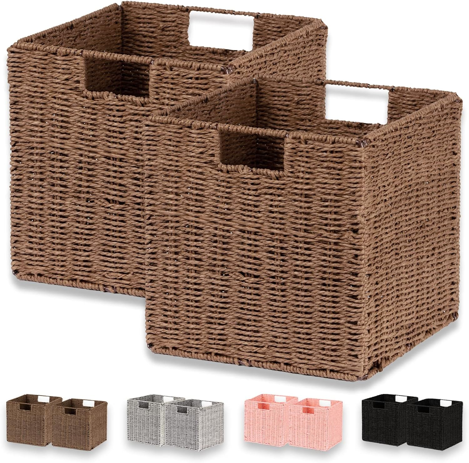 Wicker Basket, Set of 2 Hand-Woven Paper Rope Storage Baskets for Organizing, Foldable Cubby Storage Bins, 11 Inch Large Wicker Storage Basket, Square Baskets Cube Storage Organizer, Brown